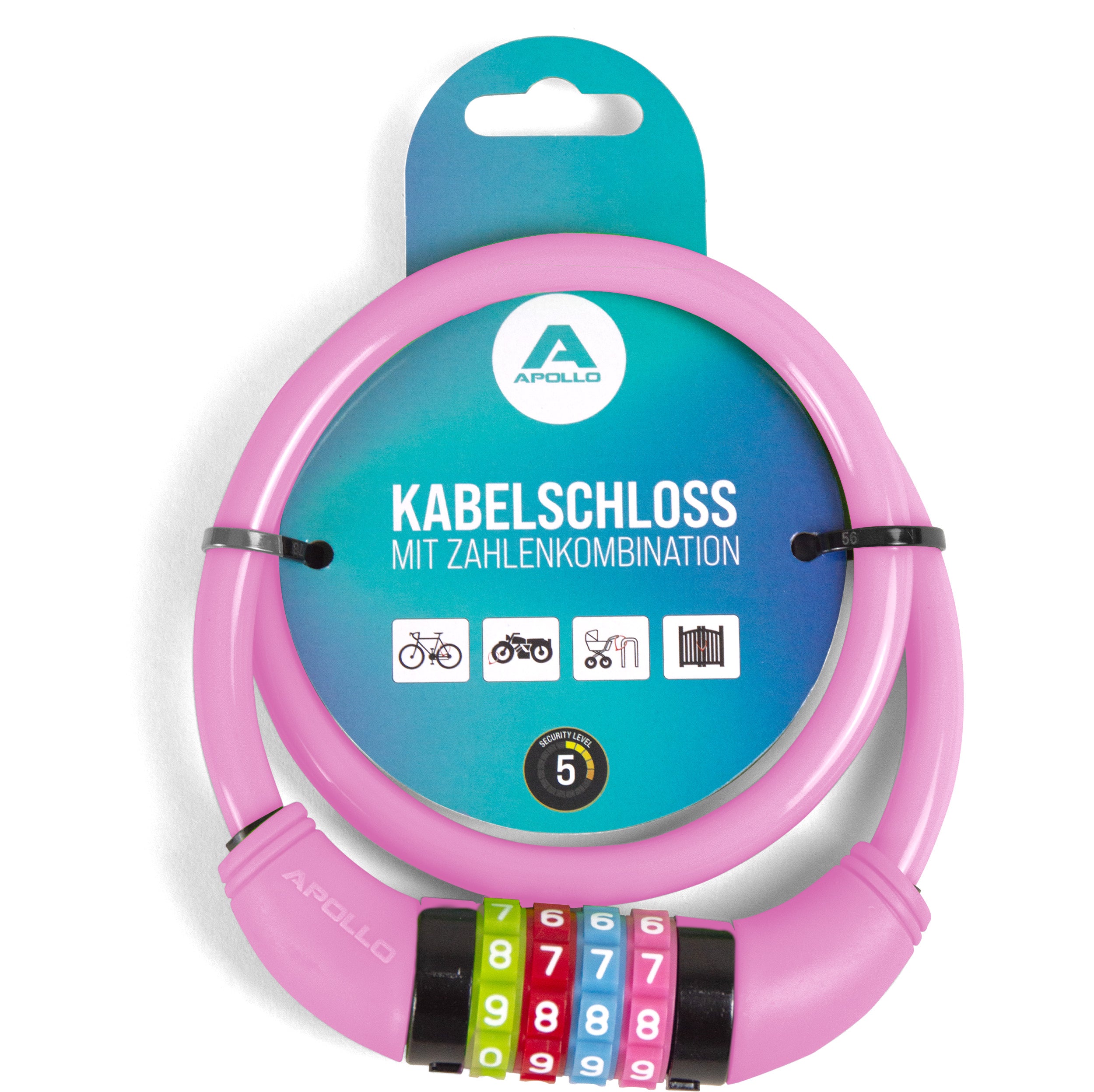Apollo - Zapięcie rowerowe na kod dla dzieci, 10x650 mm, zamek na hulajnogę, zamek na szyfr - Różowy