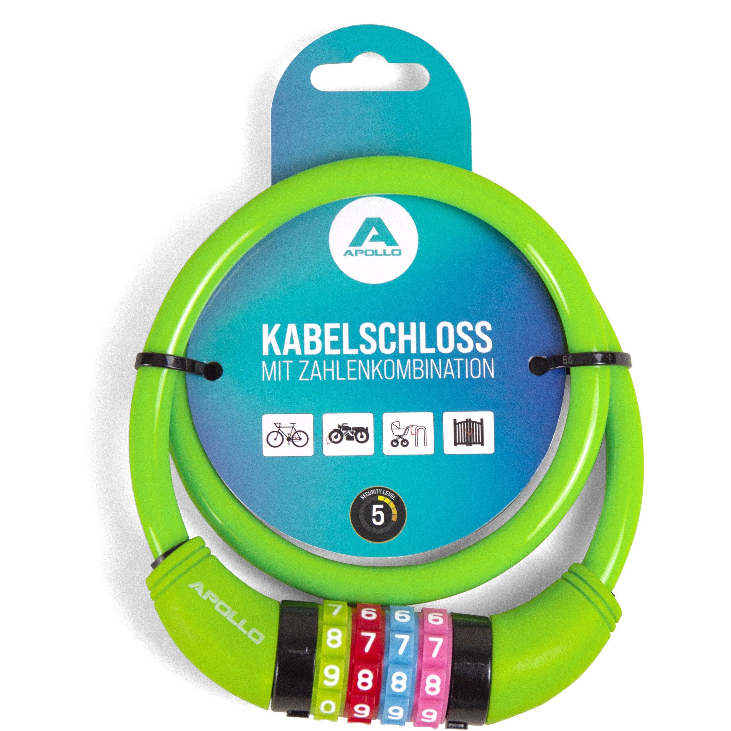 Apollo - Zapięcie rowerowe na kod dla dzieci, 10x650 mm, zamek na hulajnogę, zamek na szyfr - Zielony