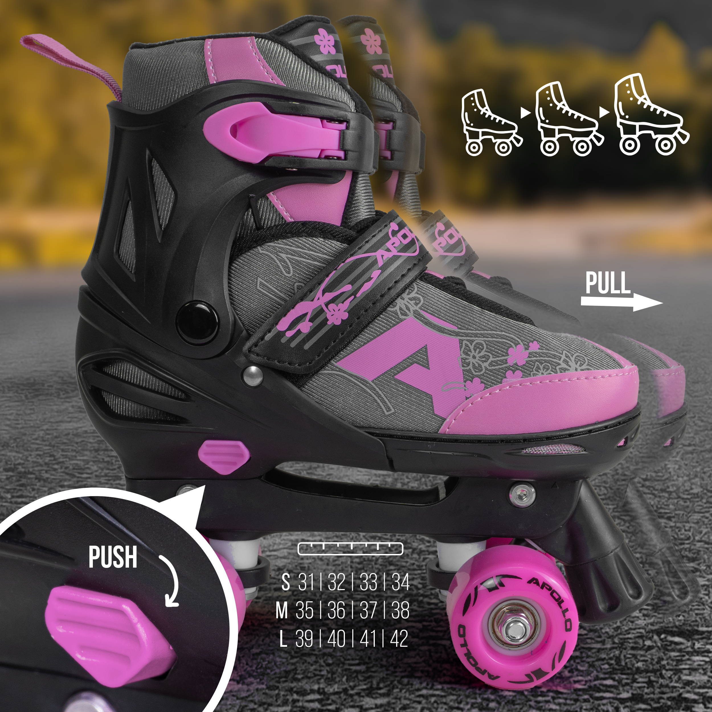 Apollo Funsport PL - Apollo Champion Regulowane Rolki Quad - Regulowane Rolki dla Dzieci - Różowy