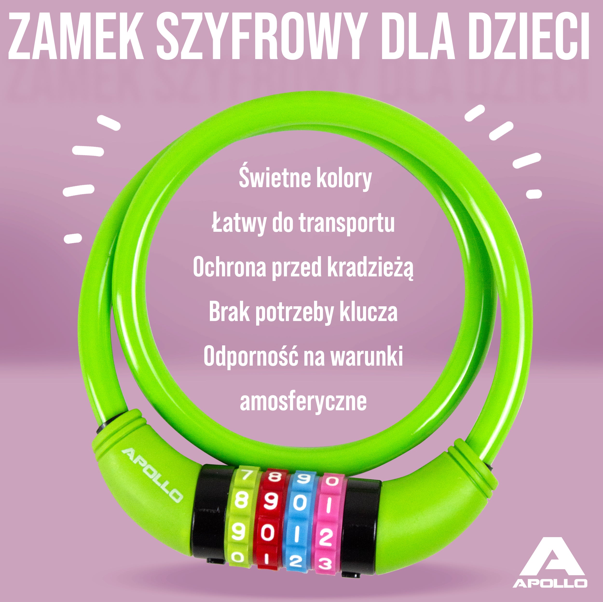 Apollo - Zapięcie rowerowe na kod dla dzieci, 10x650 mm, zamek na hulajnogę, zamek na szyfr - Zielony