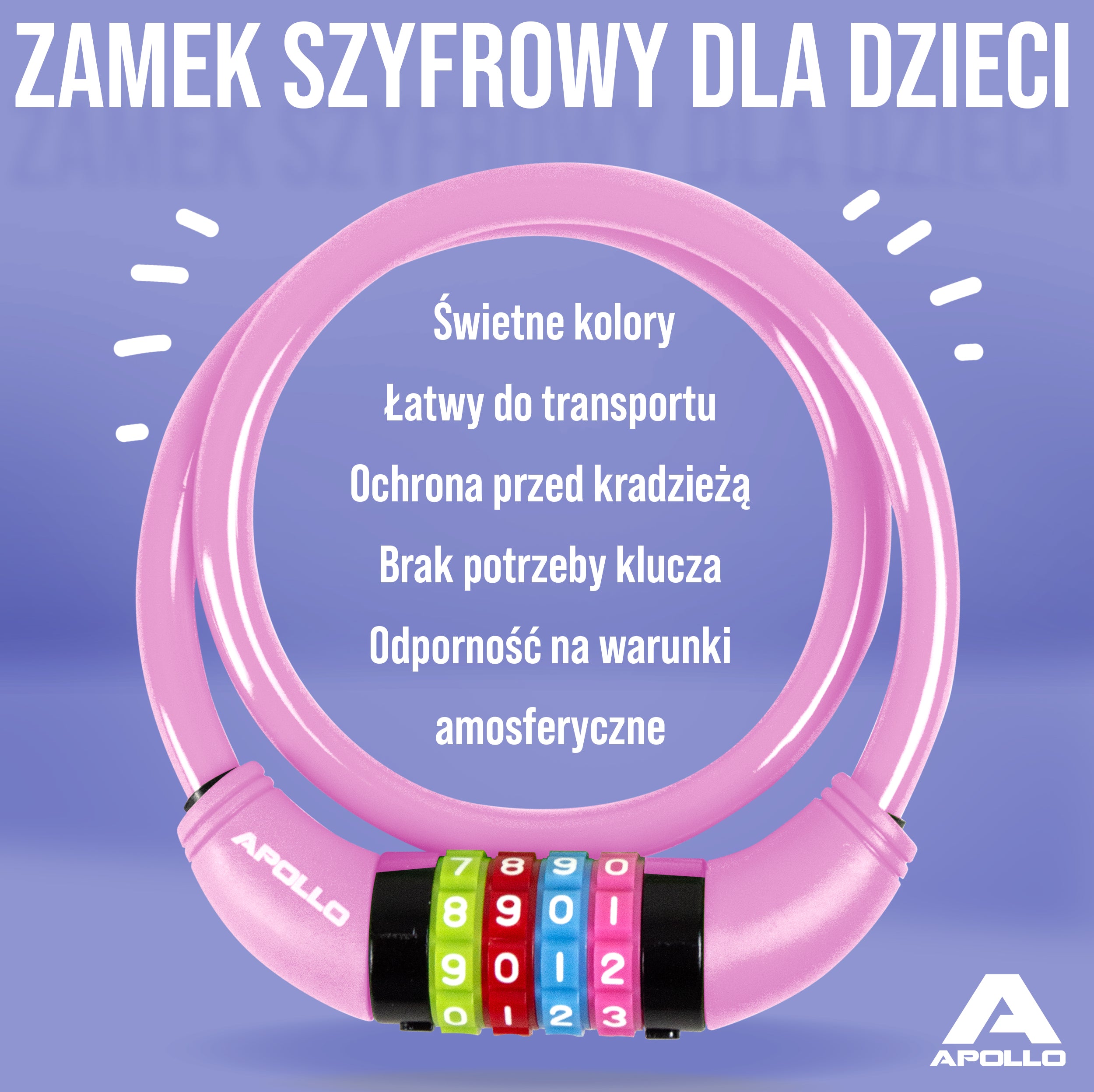 Apollo - Zapięcie rowerowe na kod dla dzieci, 10x650 mm, zamek na hulajnogę, zamek na szyfr - Różowy