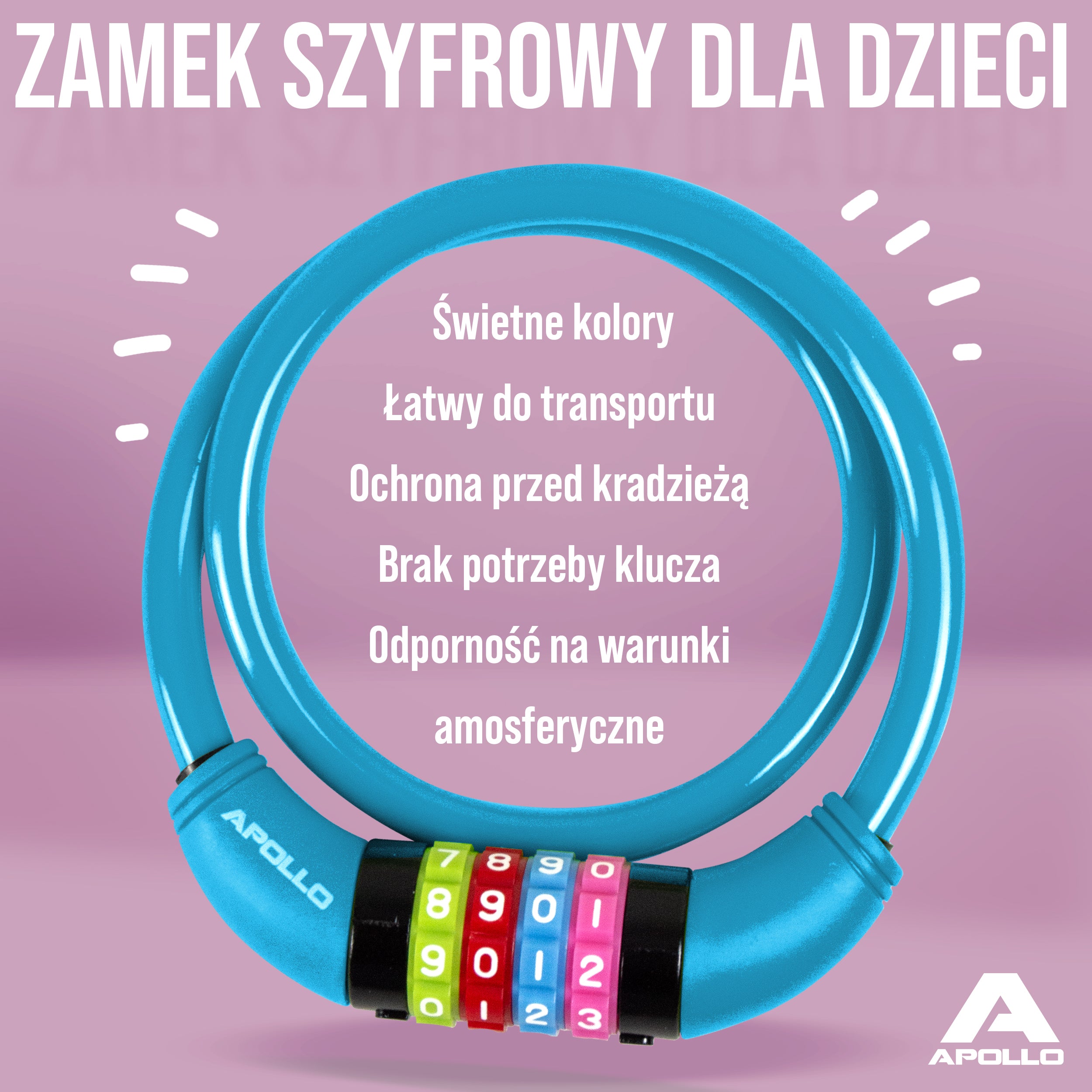 Apollo - Zapięcie rowerowe na kod dla dzieci, 10x650 mm, zamek na hulajnogę, zamek na szyfr - Niebieski
