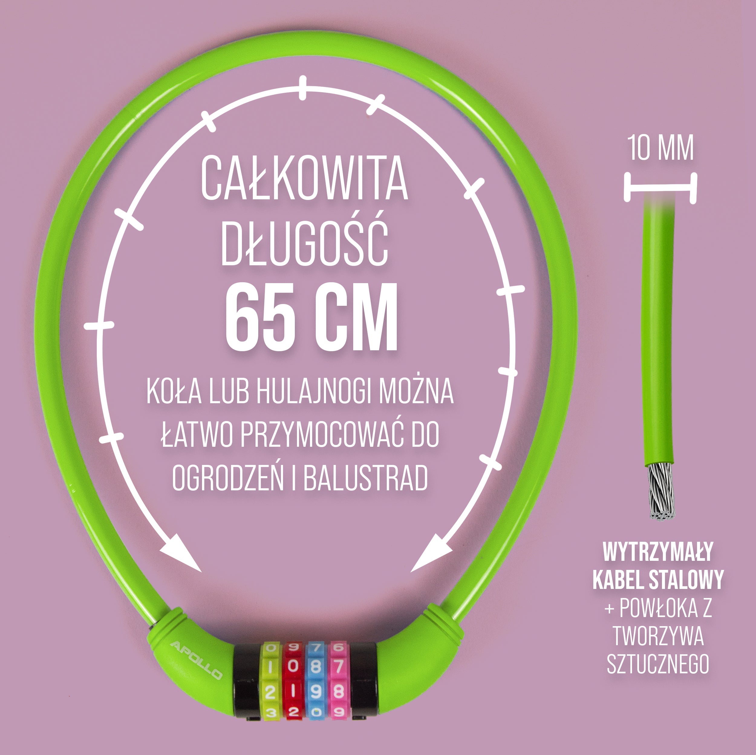 Apollo - Zapięcie rowerowe na kod dla dzieci, 10x650 mm, zamek na hulajnogę, zamek na szyfr - Zielony