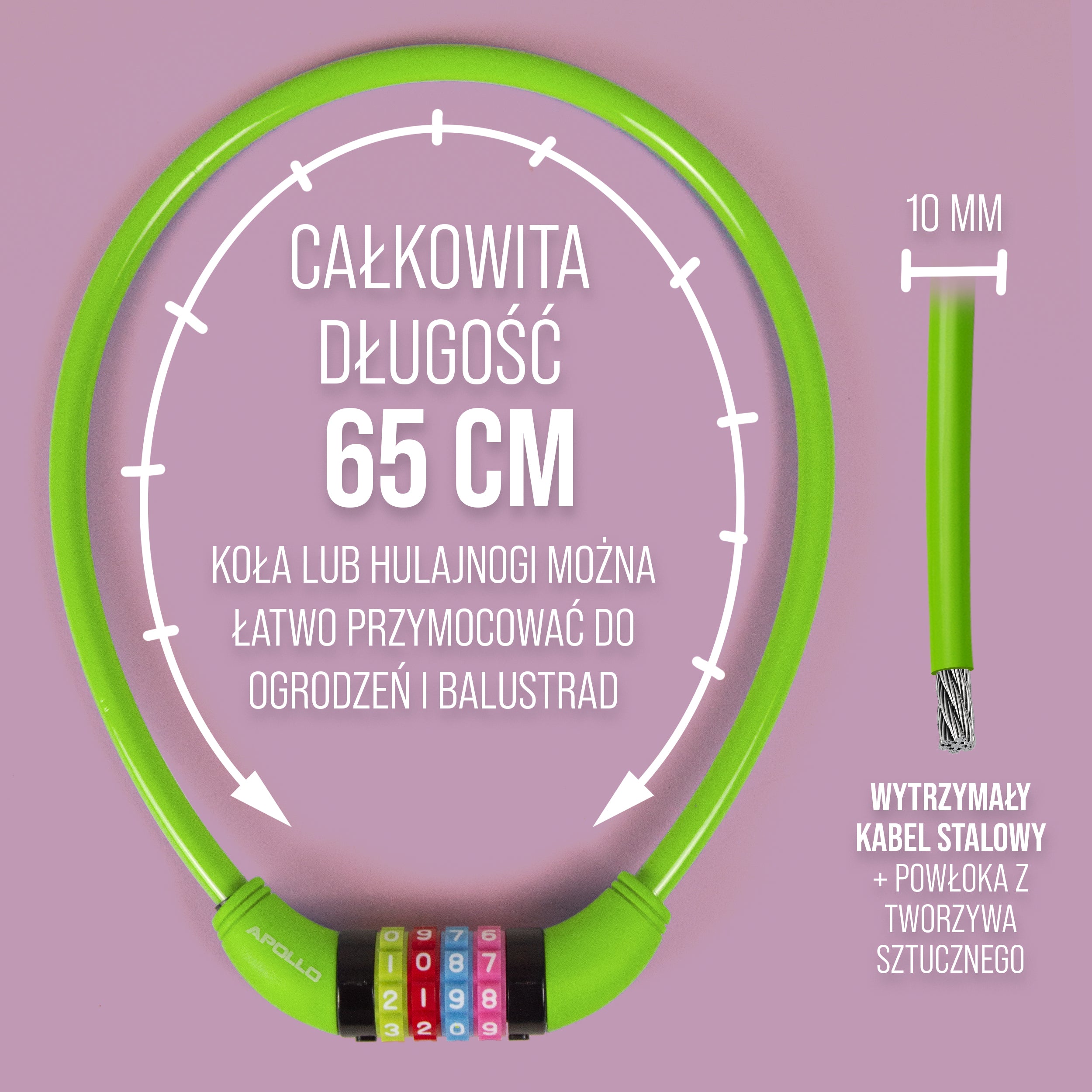 Apollo - Zapięcie rowerowe na kod dla dzieci, 10x650 mm, zamek na hulajnogę, zamek na szyfr - Zielony