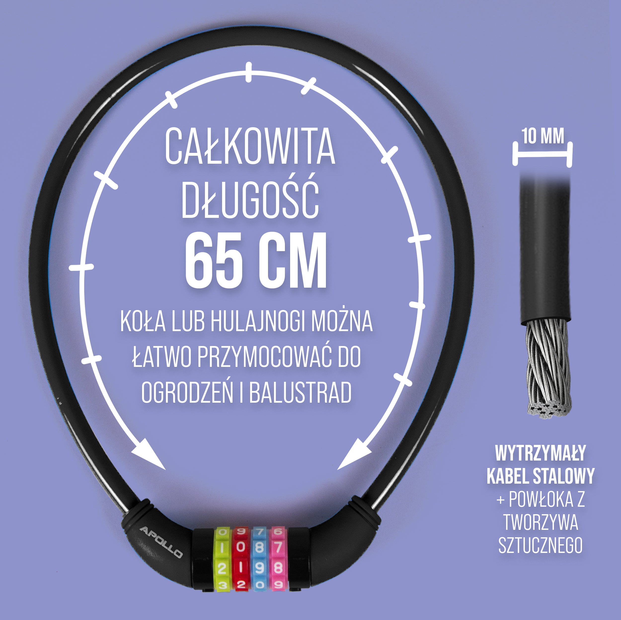Apollo - Zapięcie rowerowe na kod dla dzieci, 10x650 mm, zamek na hulajnogę, zamek na szyfr - Czarny