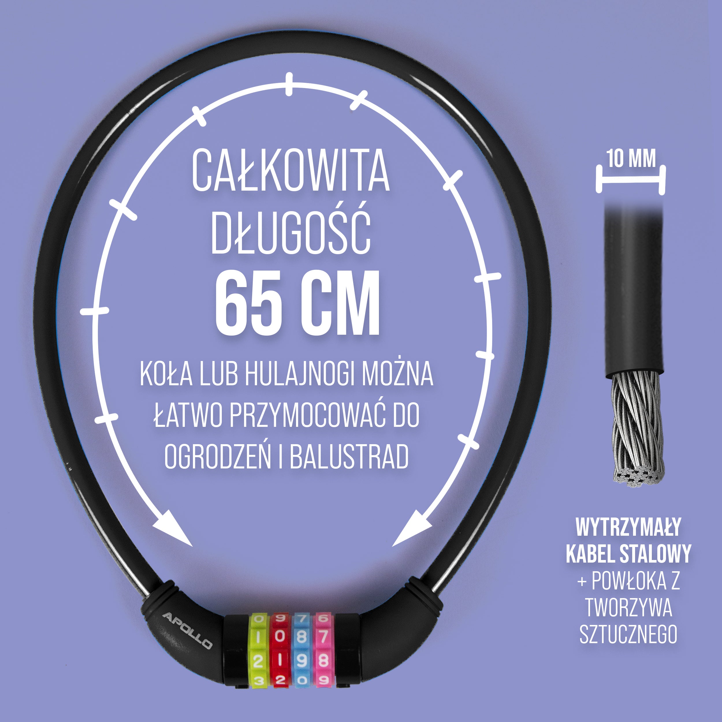 Apollo - Zapięcie rowerowe na kod dla dzieci, 10x650 mm, zamek na hulajnogę, zamek na szyfr - Czarny