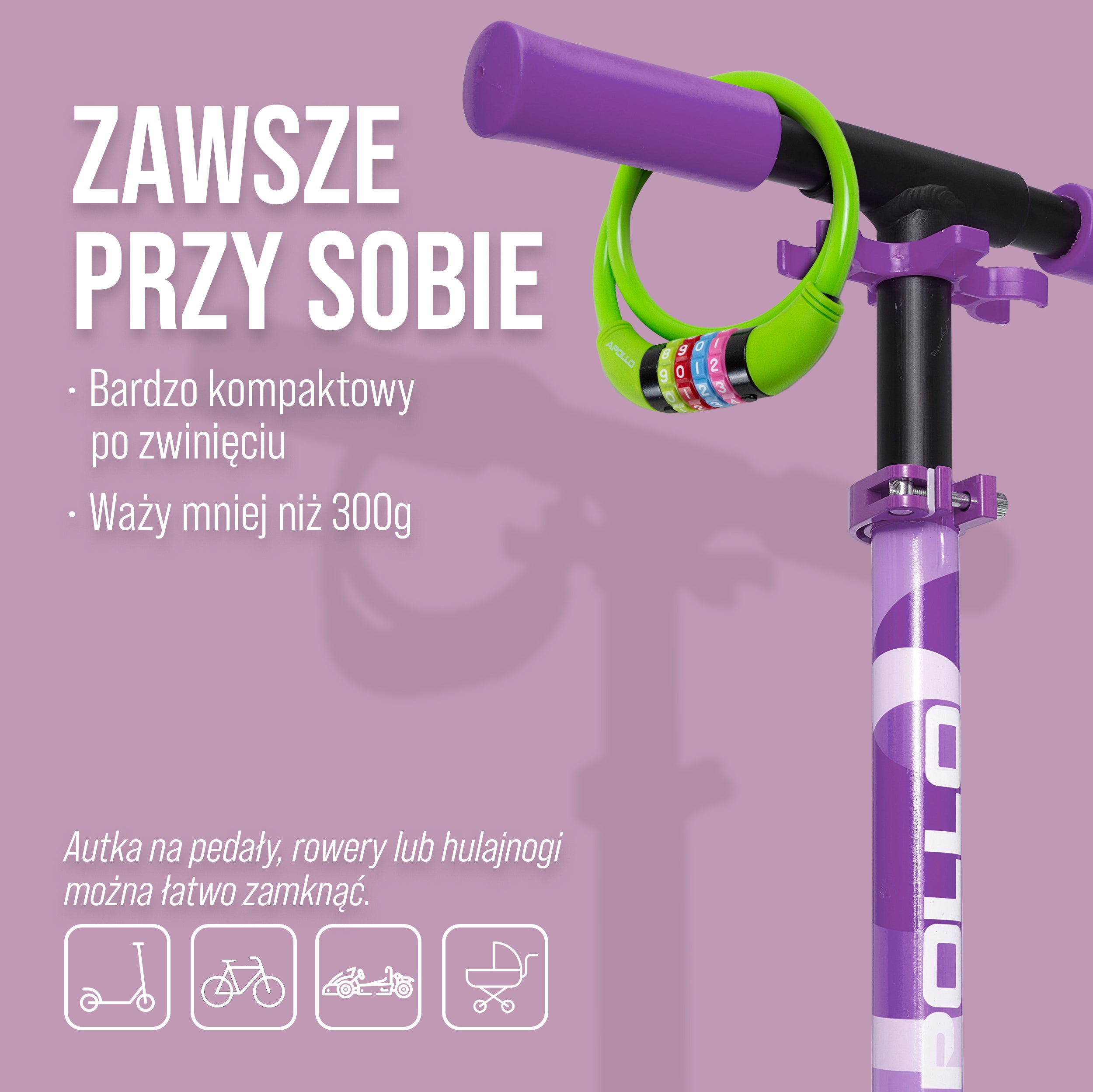 Apollo - Zapięcie rowerowe na kod dla dzieci, 10x650 mm, zamek na hulajnogę, zamek na szyfr - Zielony
