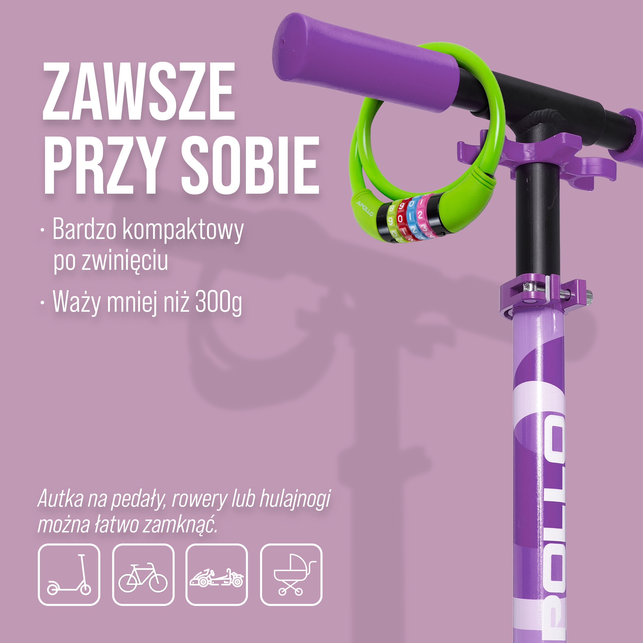Apollo - Zapięcie rowerowe na kod dla dzieci, 10x650 mm, zamek na hulajnogę, zamek na szyfr - Zielony
