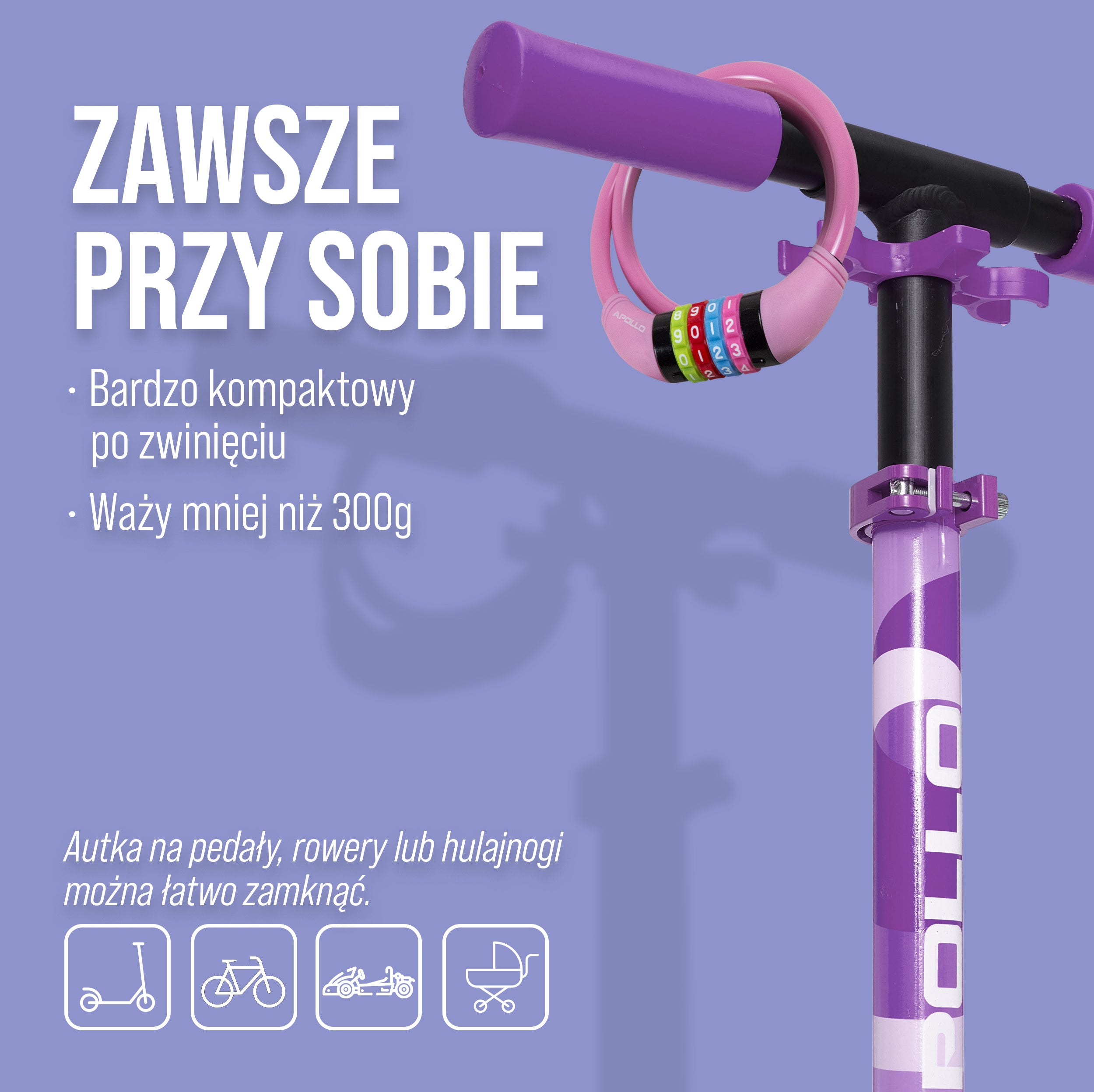 Apollo - Zapięcie rowerowe na kod dla dzieci, 10x650 mm, zamek na hulajnogę, zamek na szyfr - Różowy