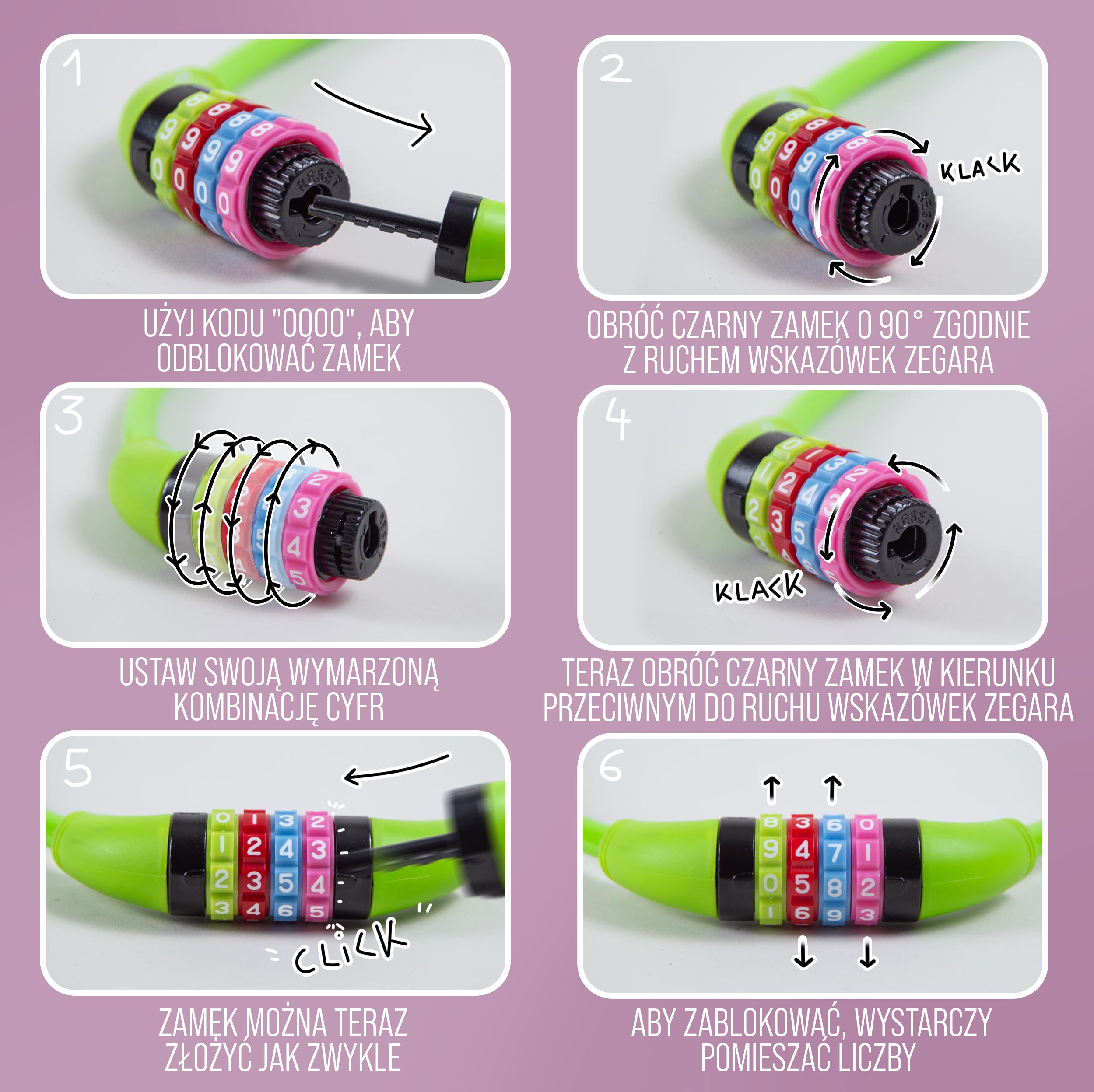 Apollo - Zapięcie rowerowe na kod dla dzieci, 10x650 mm, zamek na hulajnogę, zamek na szyfr - Zielony