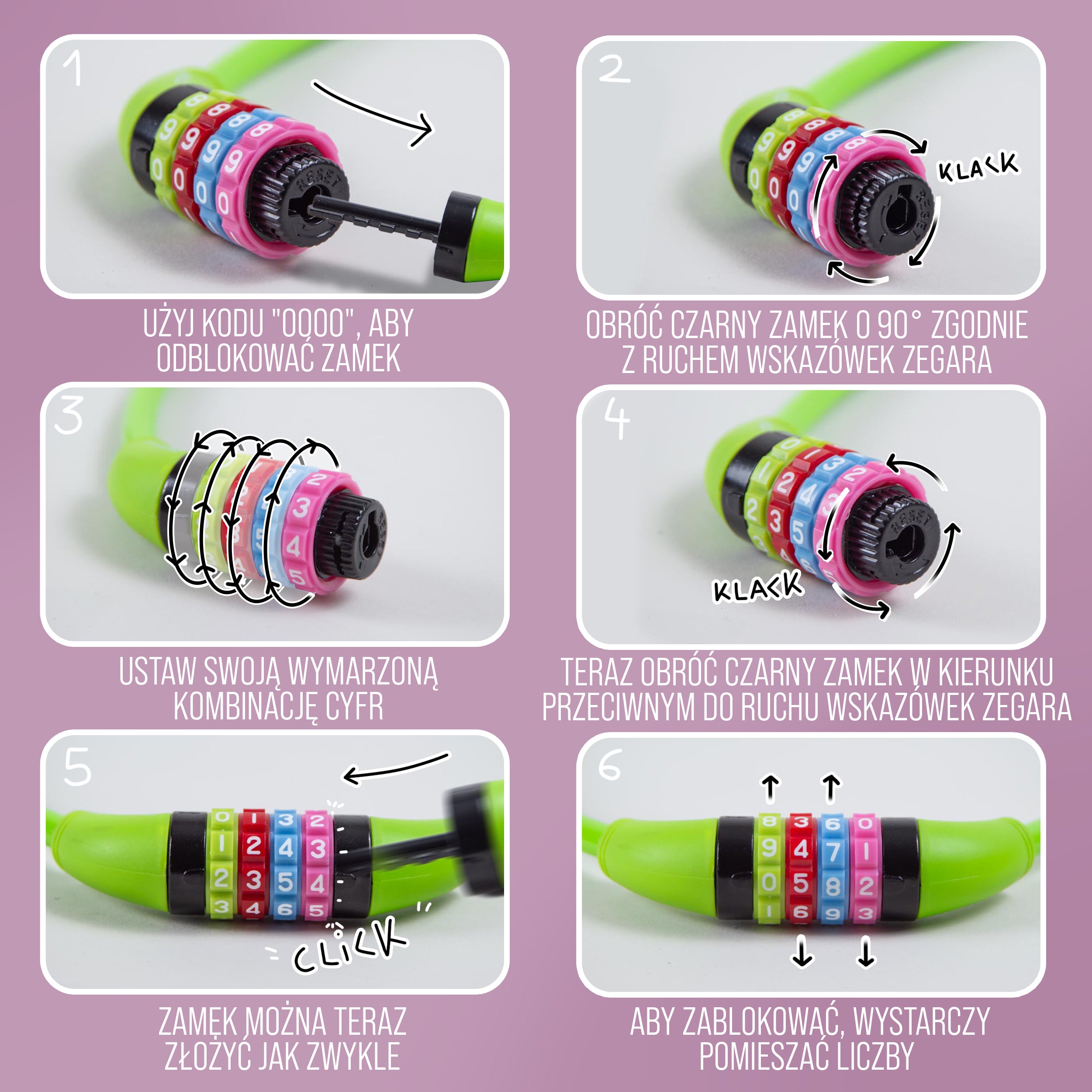 Apollo - Zapięcie rowerowe na kod dla dzieci, 10x650 mm, zamek na hulajnogę, zamek na szyfr - Zielony