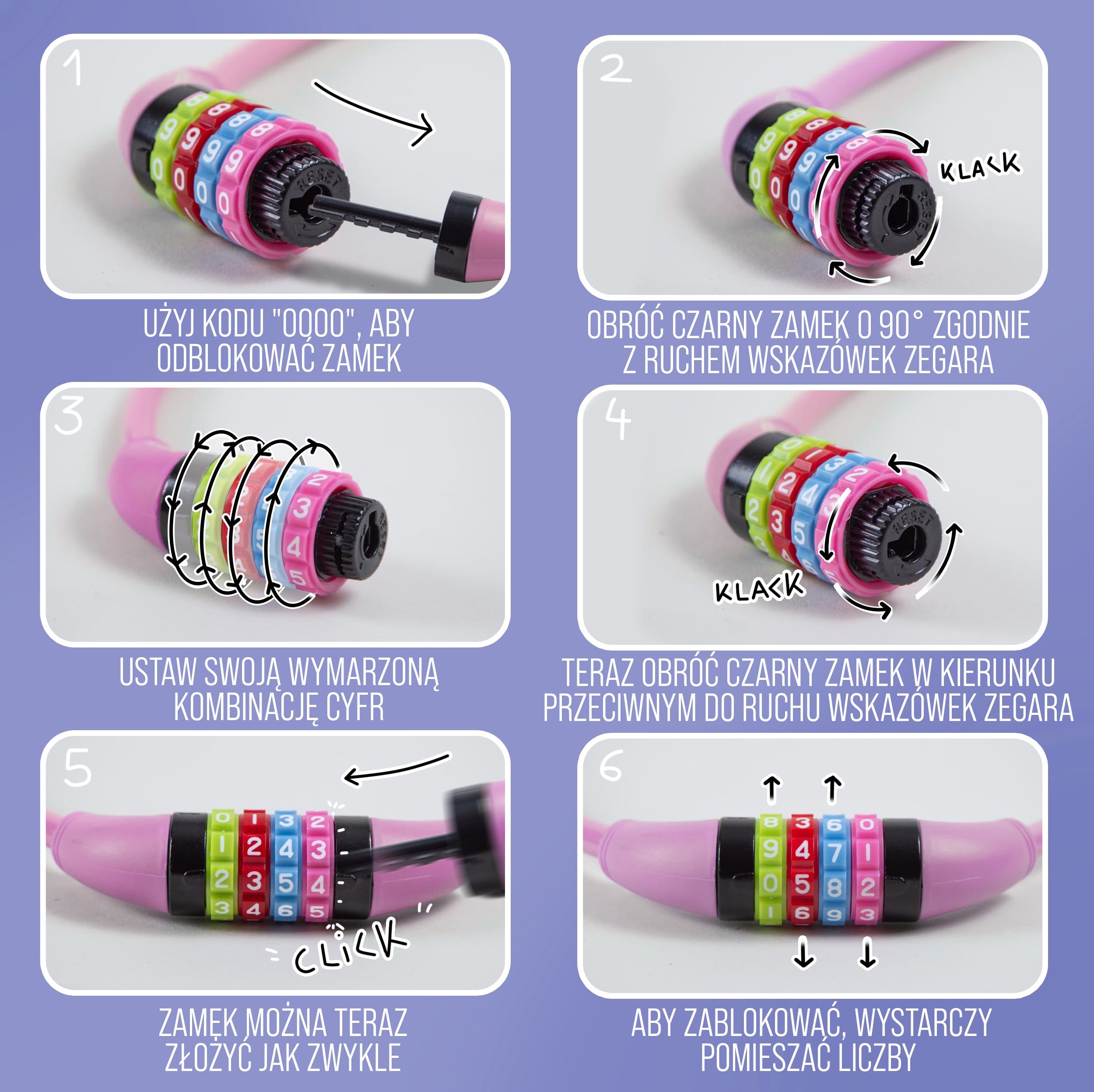 Apollo - Zapięcie rowerowe na kod dla dzieci, 10x650 mm, zamek na hulajnogę, zamek na szyfr - Różowy