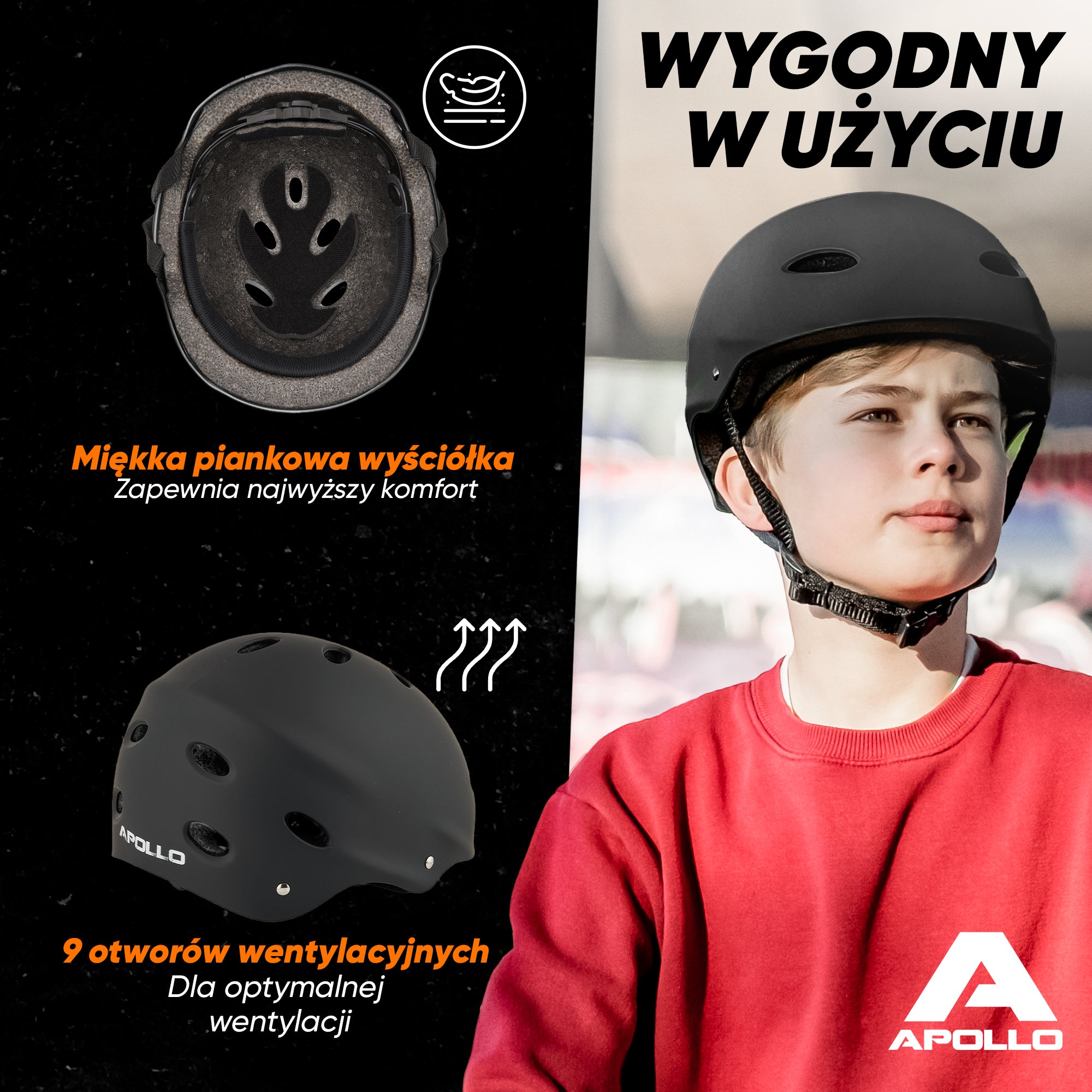 Apollo - Kask do jazdy na deskorolce, kask multi-sportowy dla mężczyzn, kobiet, dzieci, regulowany kask rowerowy dla dzieci - Black