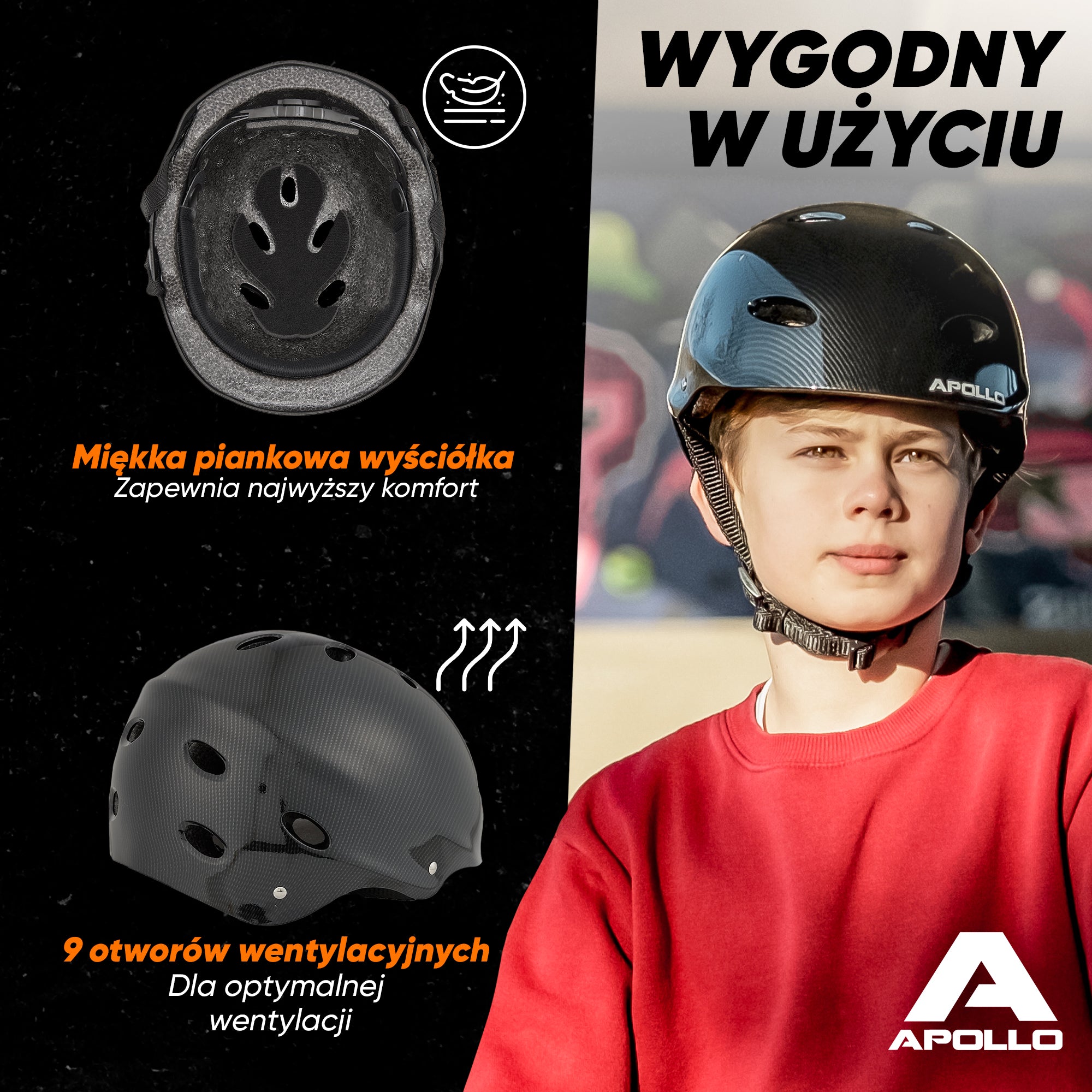 Apollo - Kask do jazdy na deskorolce, kask multi-sportowy dla mężczyzn, kobiet, dzieci, regulowany kask rowerowy dla dzieci - Dark Carbon