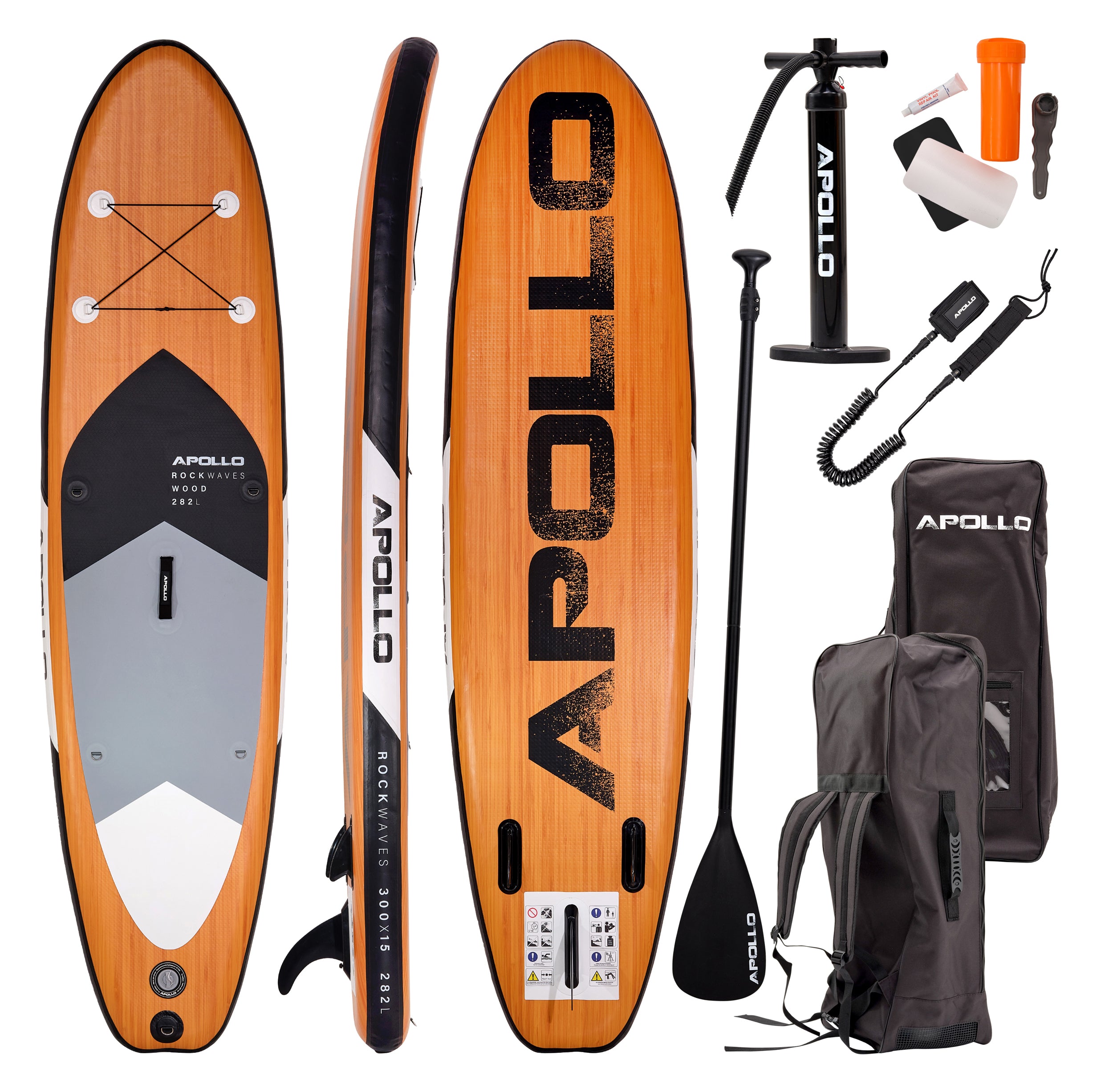 Apollo Funsport PL - Zestaw kompletny deska SUP - Nadmuchiwany Stand Up Paddle Board - Drewniany - Wood Black