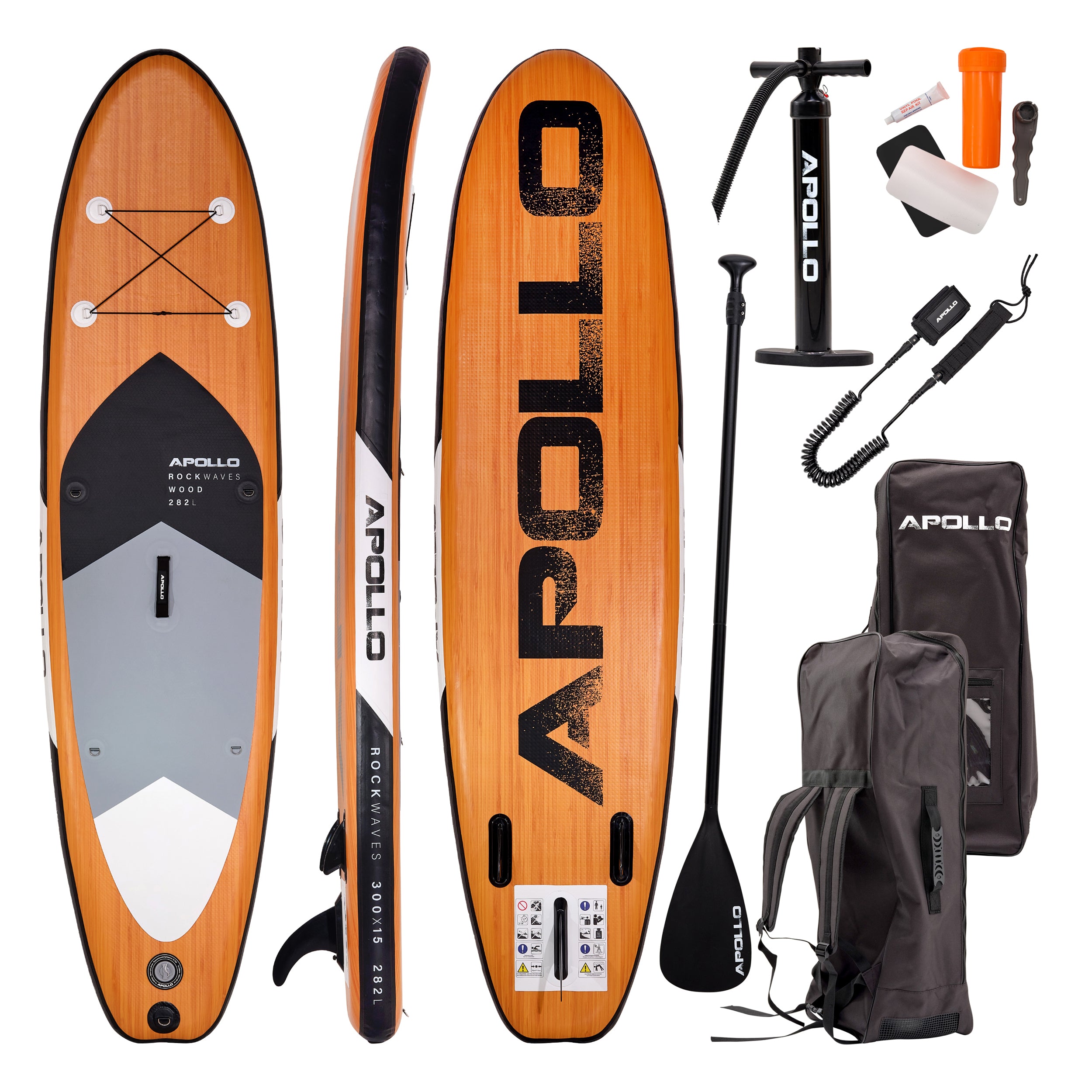 Apollo Funsport PL - Zestaw kompletny deska SUP - Nadmuchiwany Stand Up Paddle Board - Drewniany - Wood Black