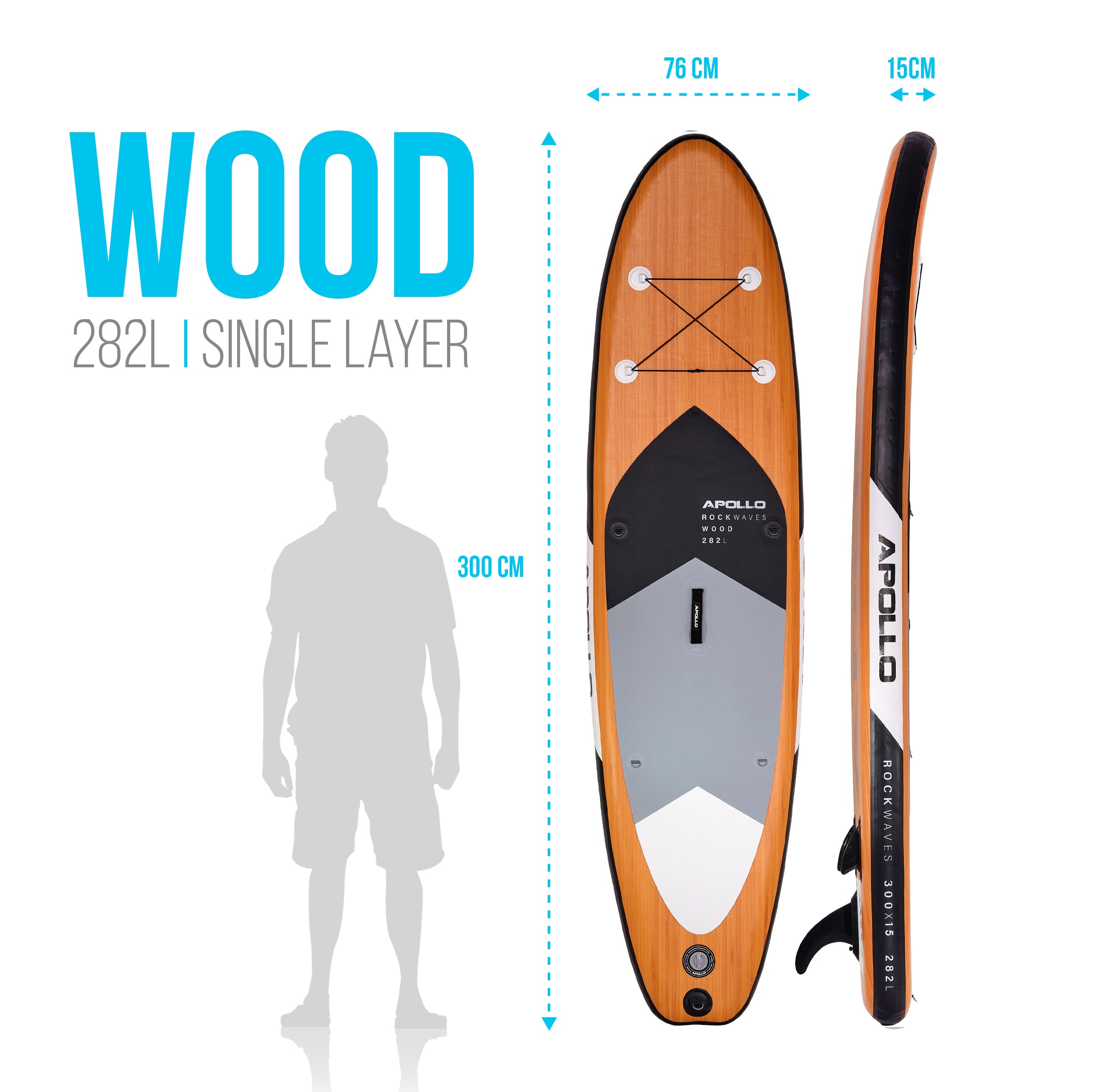 Apollo Funsport PL - Zestaw kompletny deska SUP - Nadmuchiwany Stand Up Paddle Board - Drewniany - Wood Black