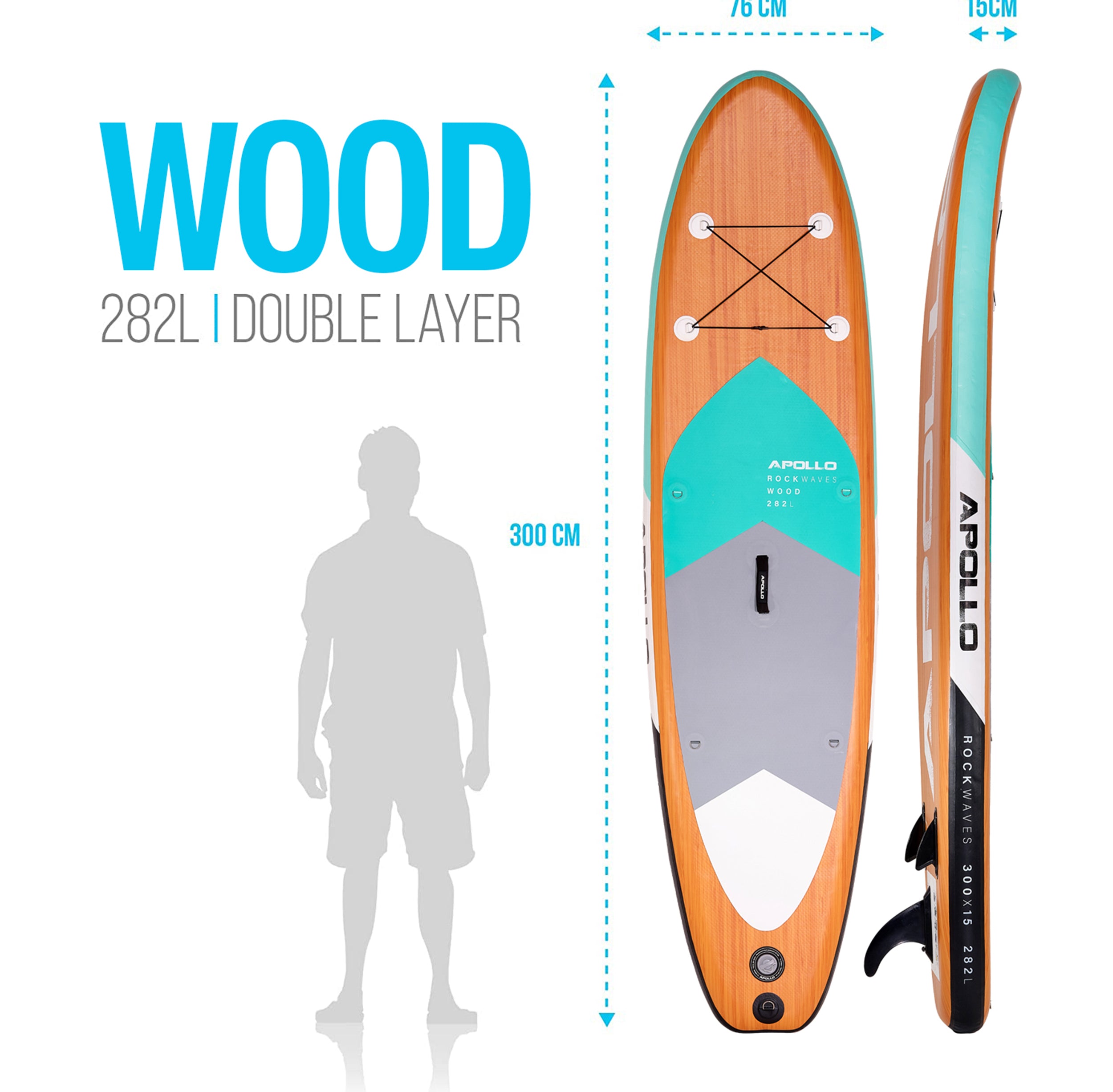 Apollo Funsport PL - Zestaw kompletny deska SUP - Nadmuchiwany Stand Up Paddle Board - Drewniany - Wood Mint