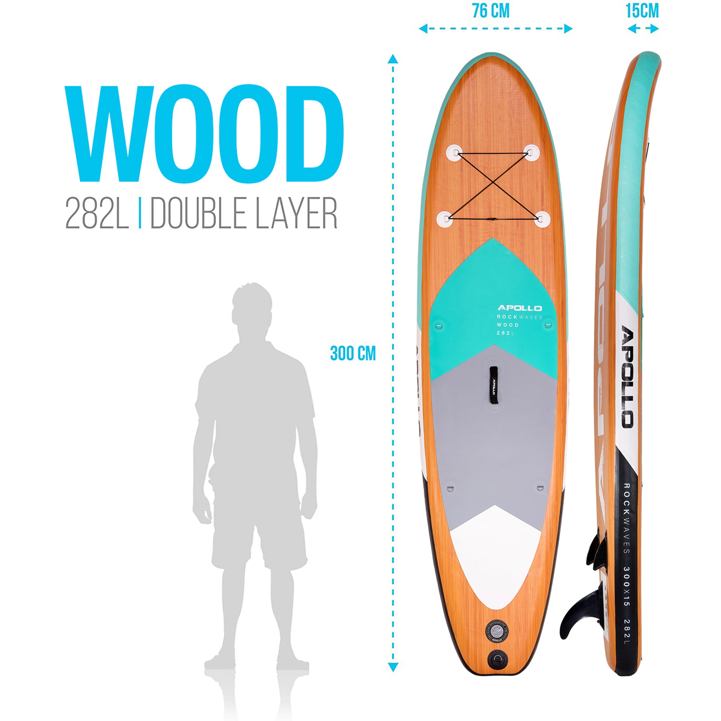 Apollo Funsport PL - Zestaw kompletny deska SUP - Nadmuchiwany Stand Up Paddle Board - Drewniany - Wood Mint