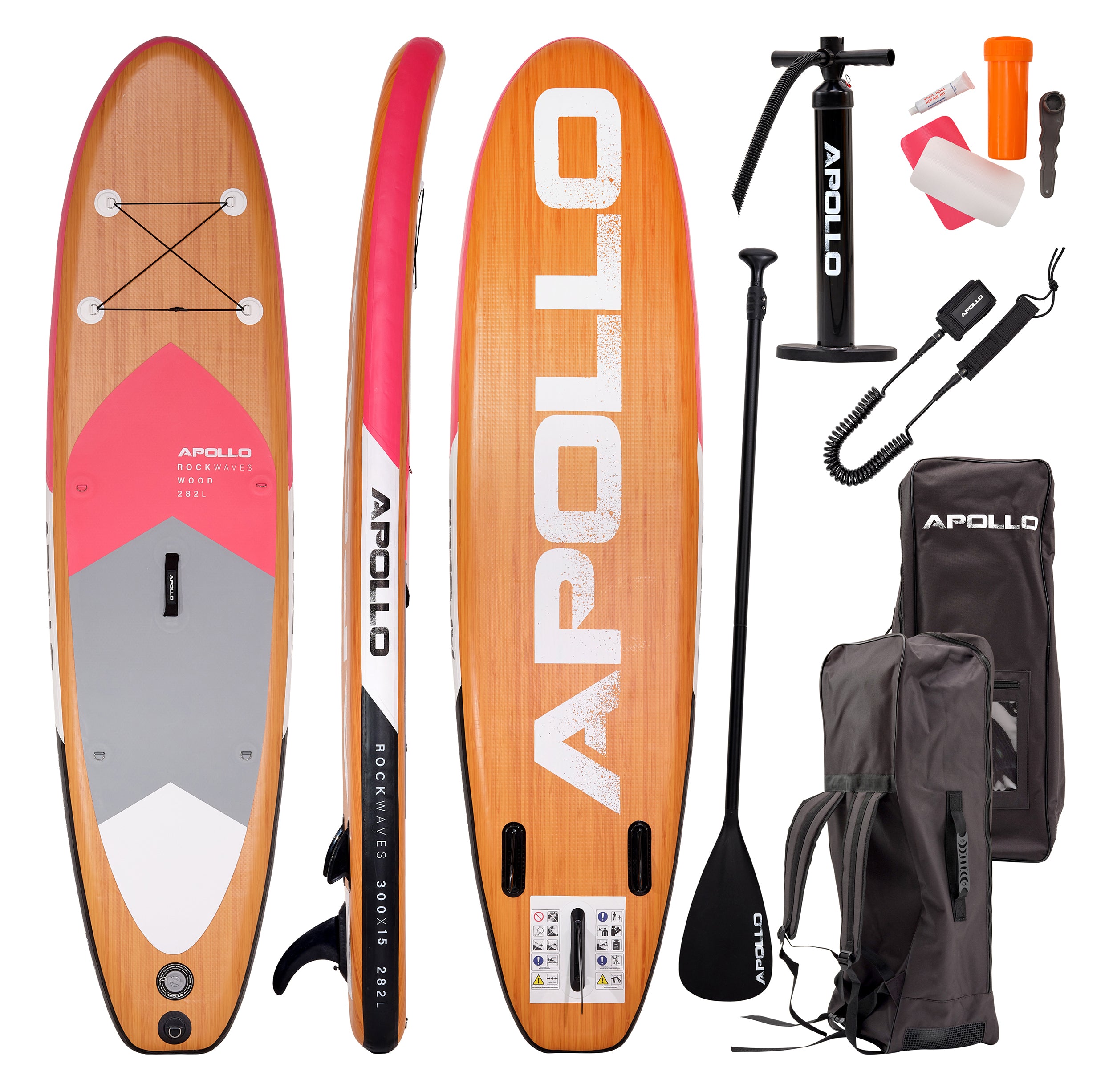 Apollo Funsport PL - Zestaw kompletny deska SUP - Nadmuchiwany Stand Up Paddle Board - Drewniany - Wood Pink