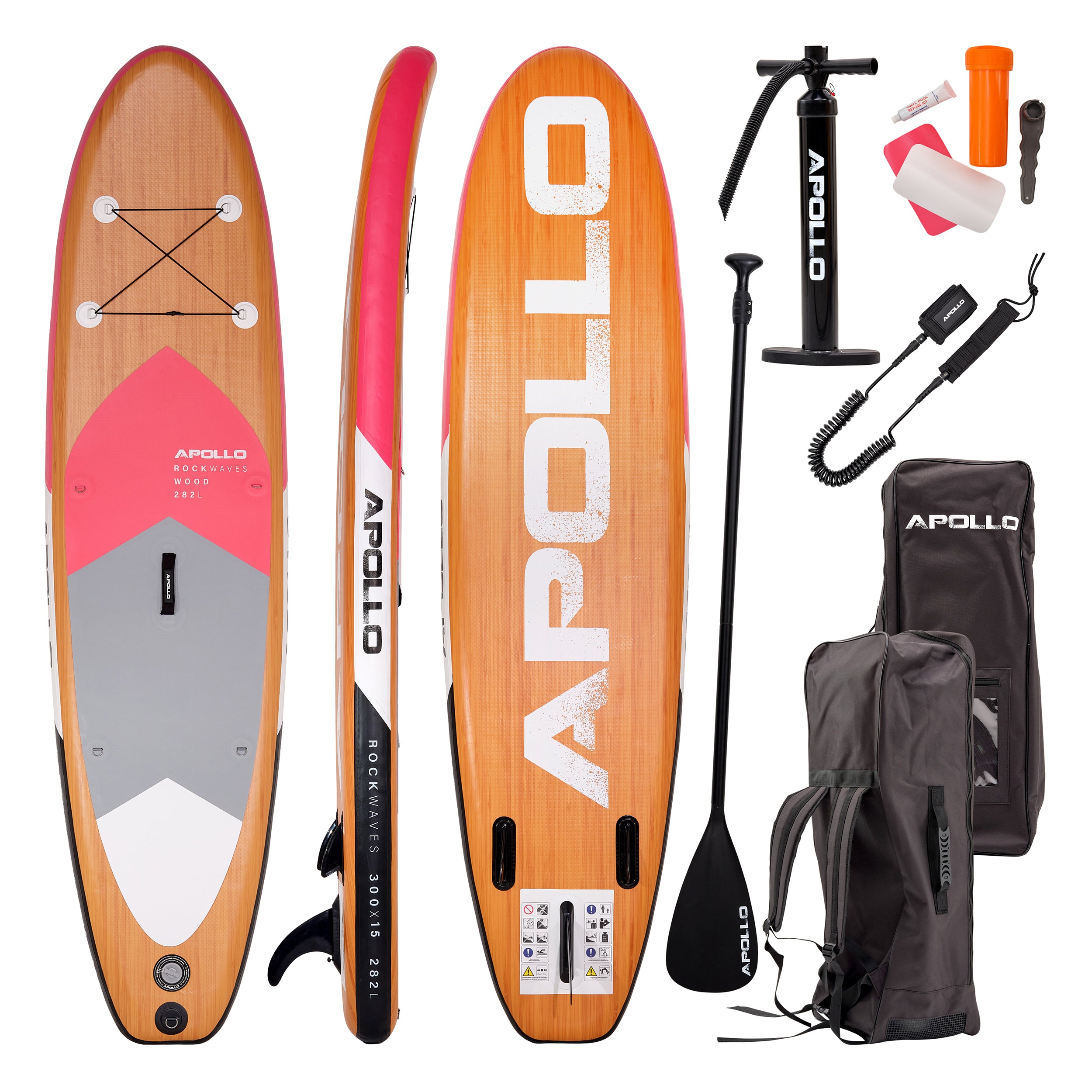 Apollo Funsport PL - Zestaw kompletny deska SUP - Nadmuchiwany Stand Up Paddle Board - Drewniany - Wood Pink