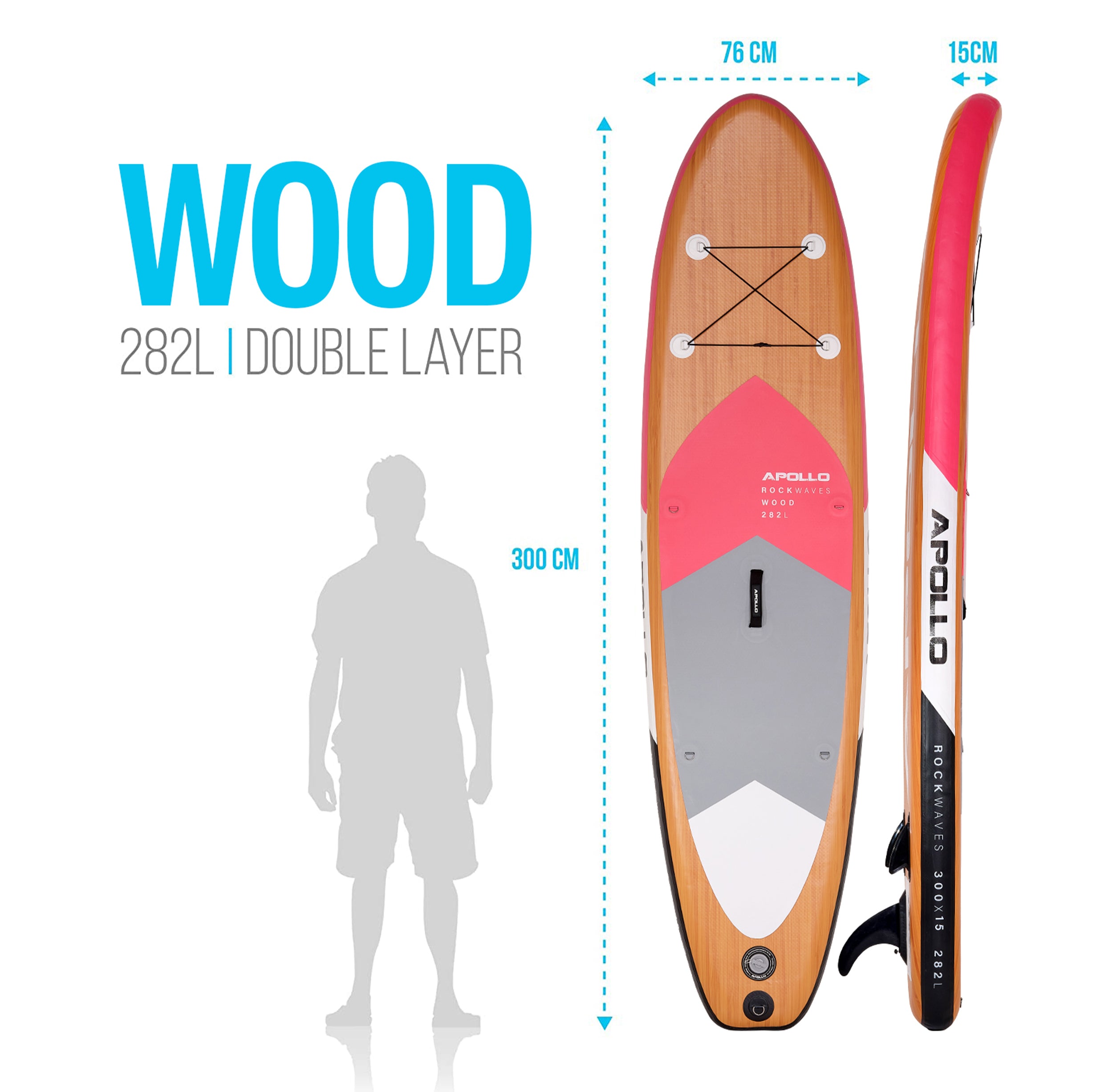 Apollo Funsport PL - Zestaw kompletny deska SUP - Nadmuchiwany Stand Up Paddle Board - Drewniany - Wood Pink