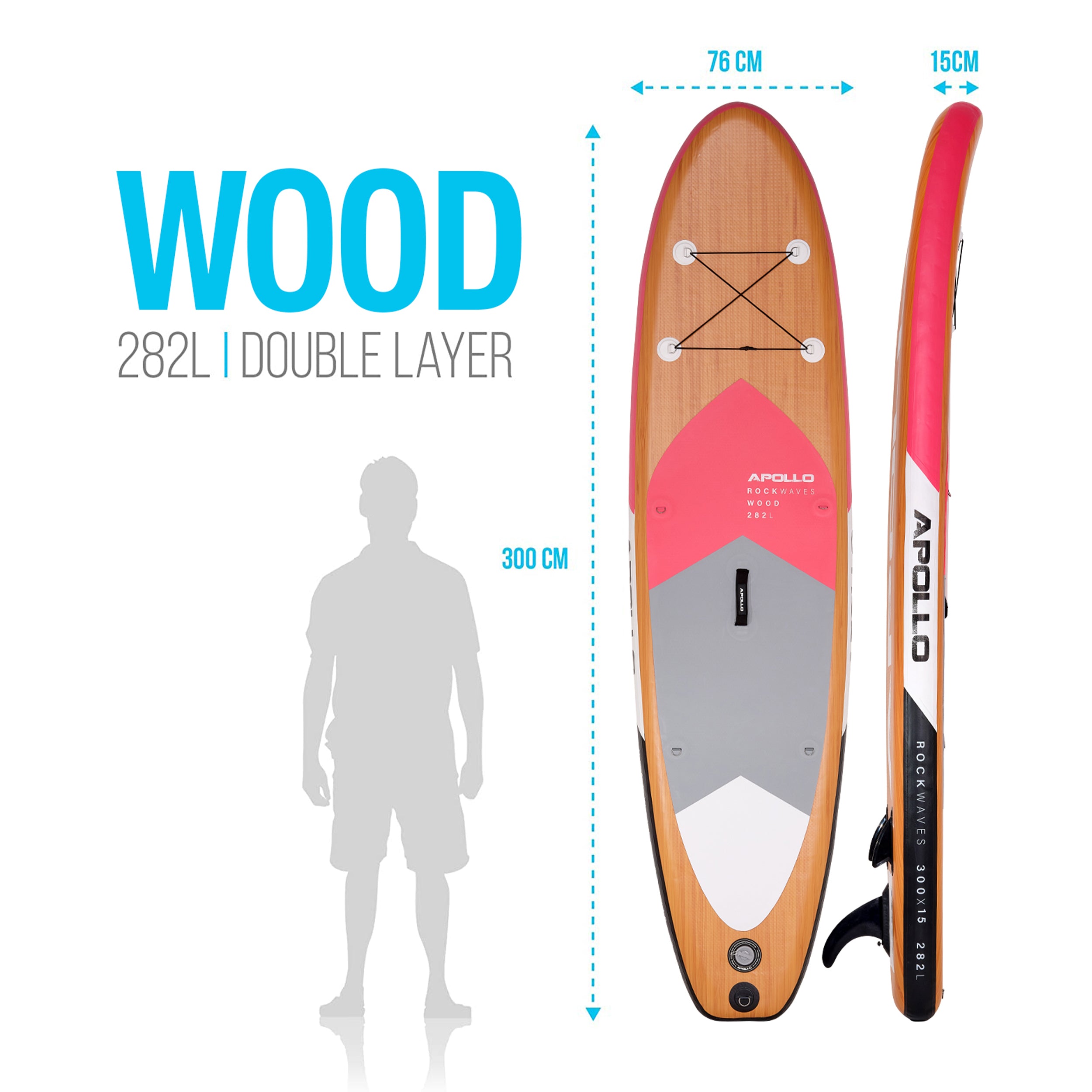 Apollo Funsport PL - Zestaw kompletny deska SUP - Nadmuchiwany Stand Up Paddle Board - Drewniany - Wood Pink
