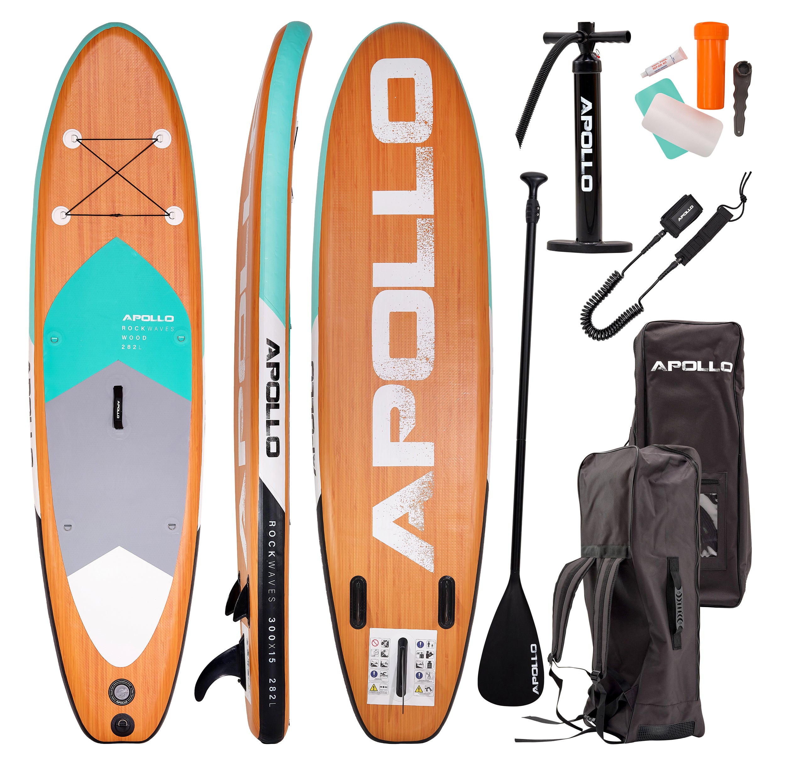 Apollo Funsport PL - Zestaw kompletny deska SUP - Nadmuchiwany Stand Up Paddle Board - Drewniany - Wood Mint