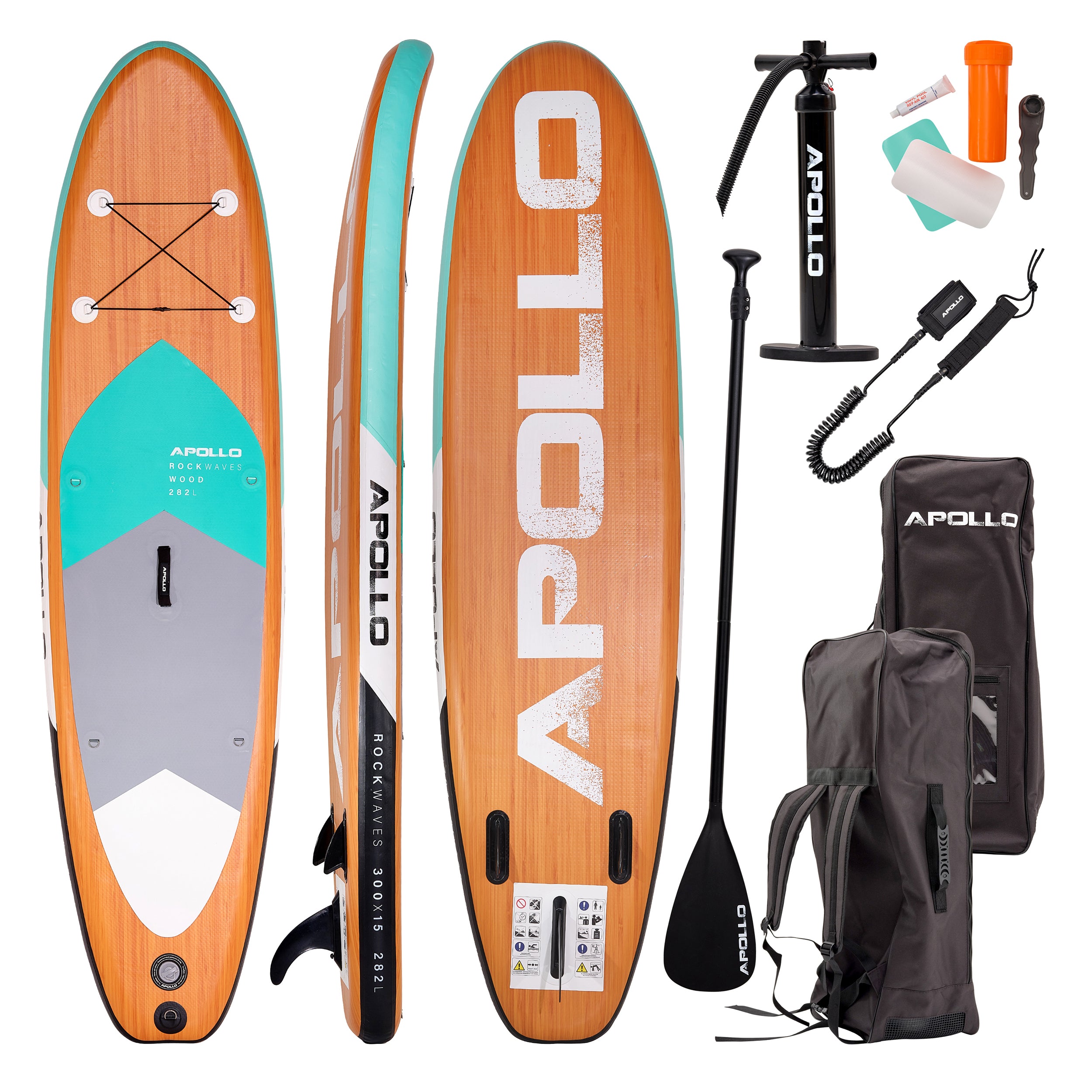 Apollo Funsport PL - Zestaw kompletny deska SUP - Nadmuchiwany Stand Up Paddle Board - Drewniany - Wood Mint