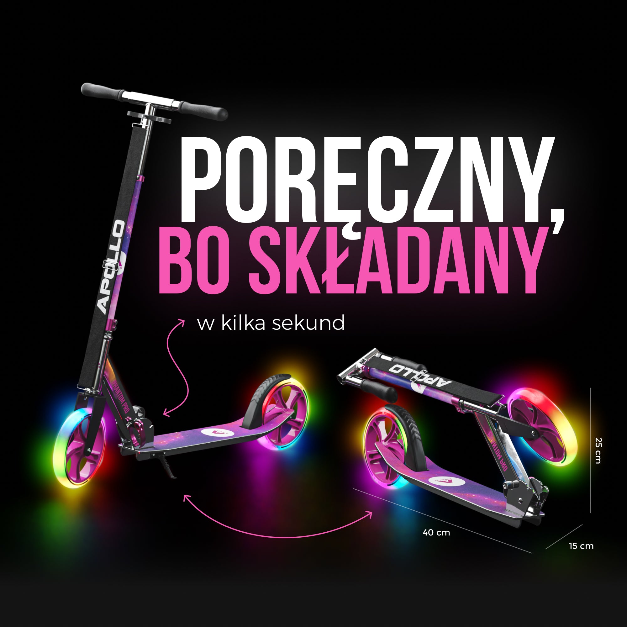 Apollo - Składana hulajnoga miejska dla dzieci „Phantom” z regulowaną wysokością kierownicy - Starlight