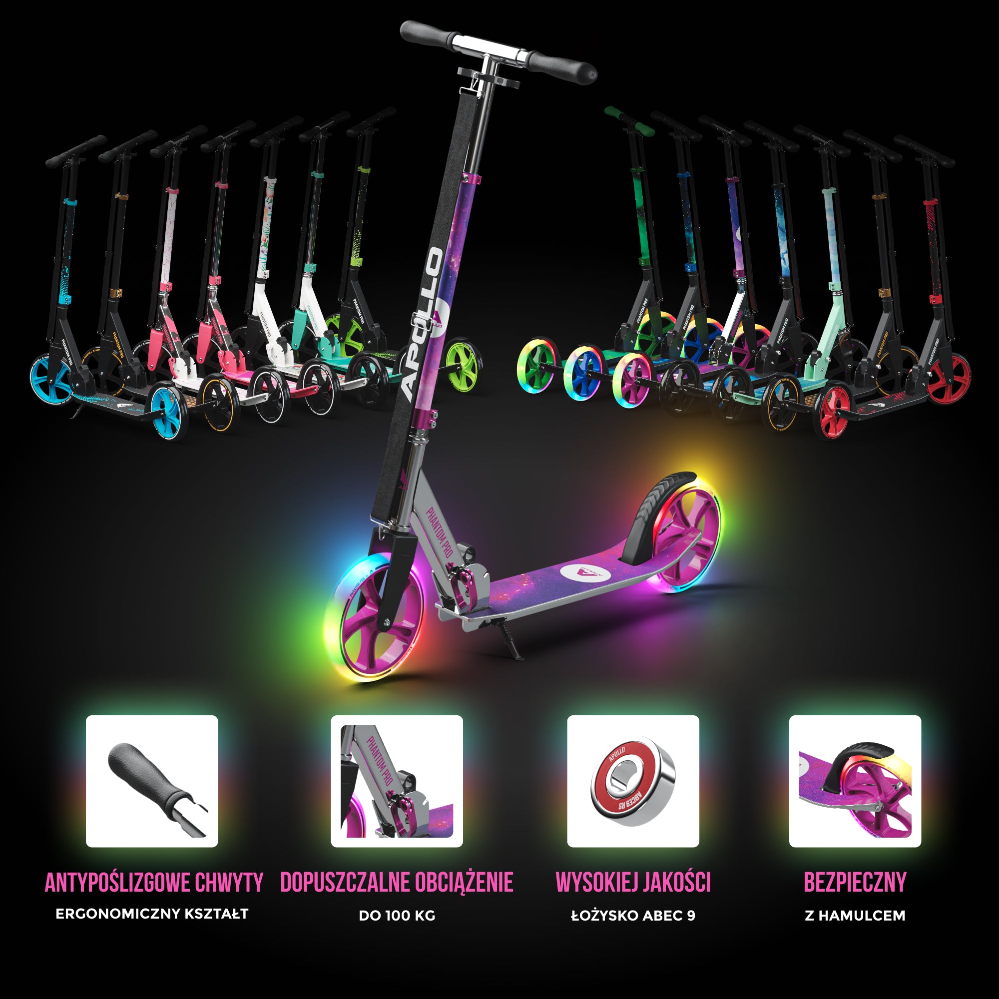 Apollo - Składana hulajnoga miejska dla dzieci „Phantom” z regulowaną wysokością kierownicy - Starlight