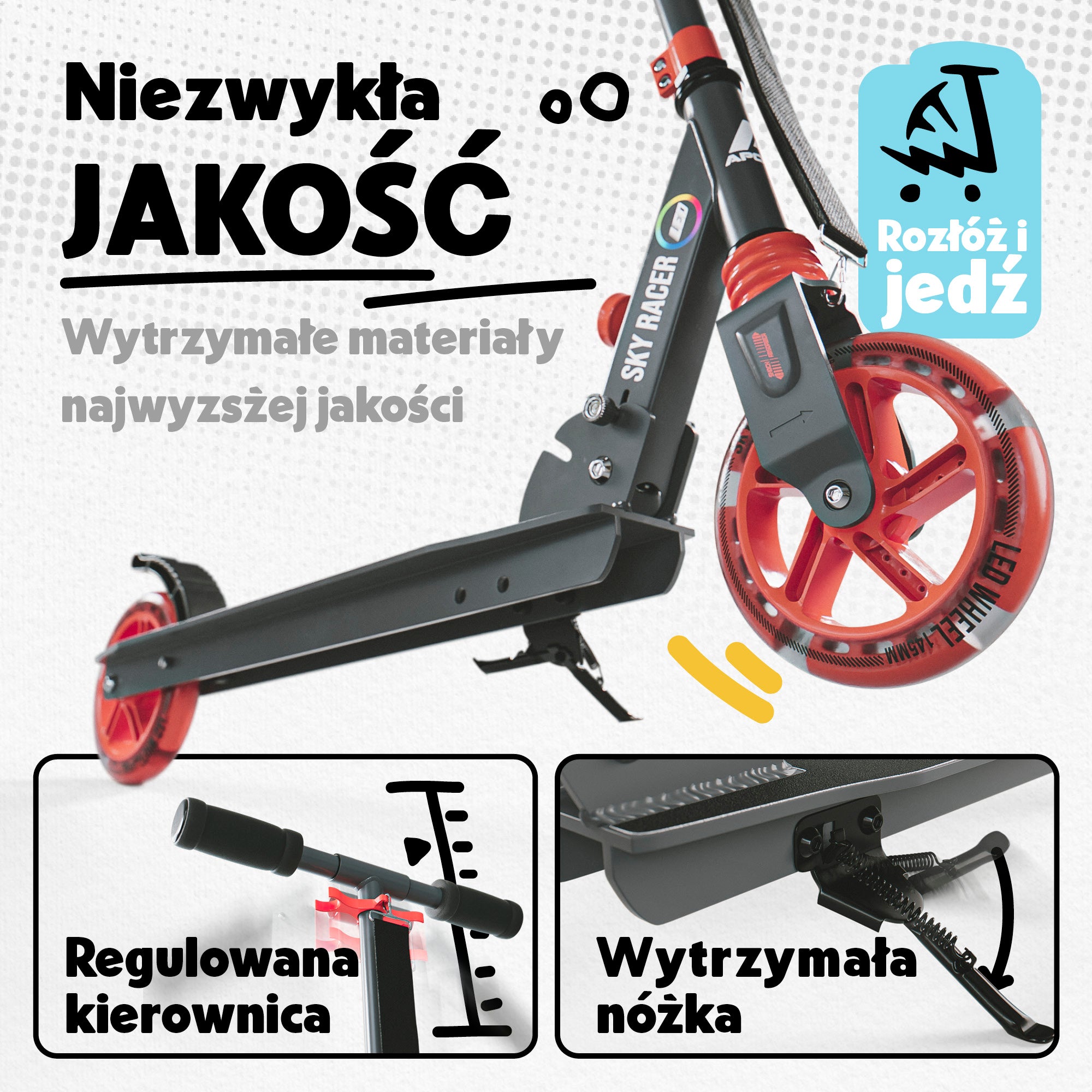 Apollo - Hulajnoga miejska z amortyzacją „Skyracer” składana, z regulowaną wysokością kierownicy koła 145mm - Pomarańczowy