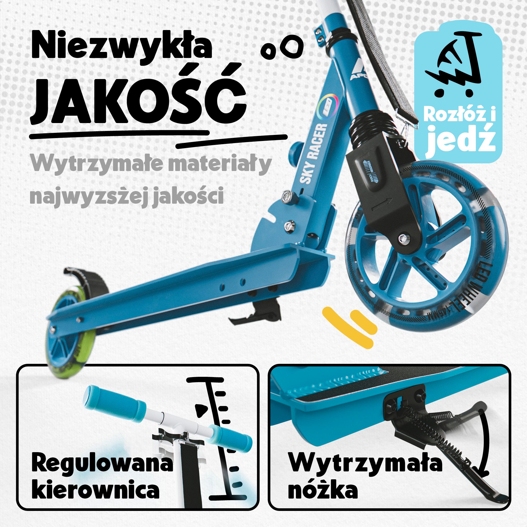 Apollo - Hulajnoga miejska z amortyzacją „Skyracer” składana, z regulowaną wysokością kierownicy koła 145mm - Niebieski