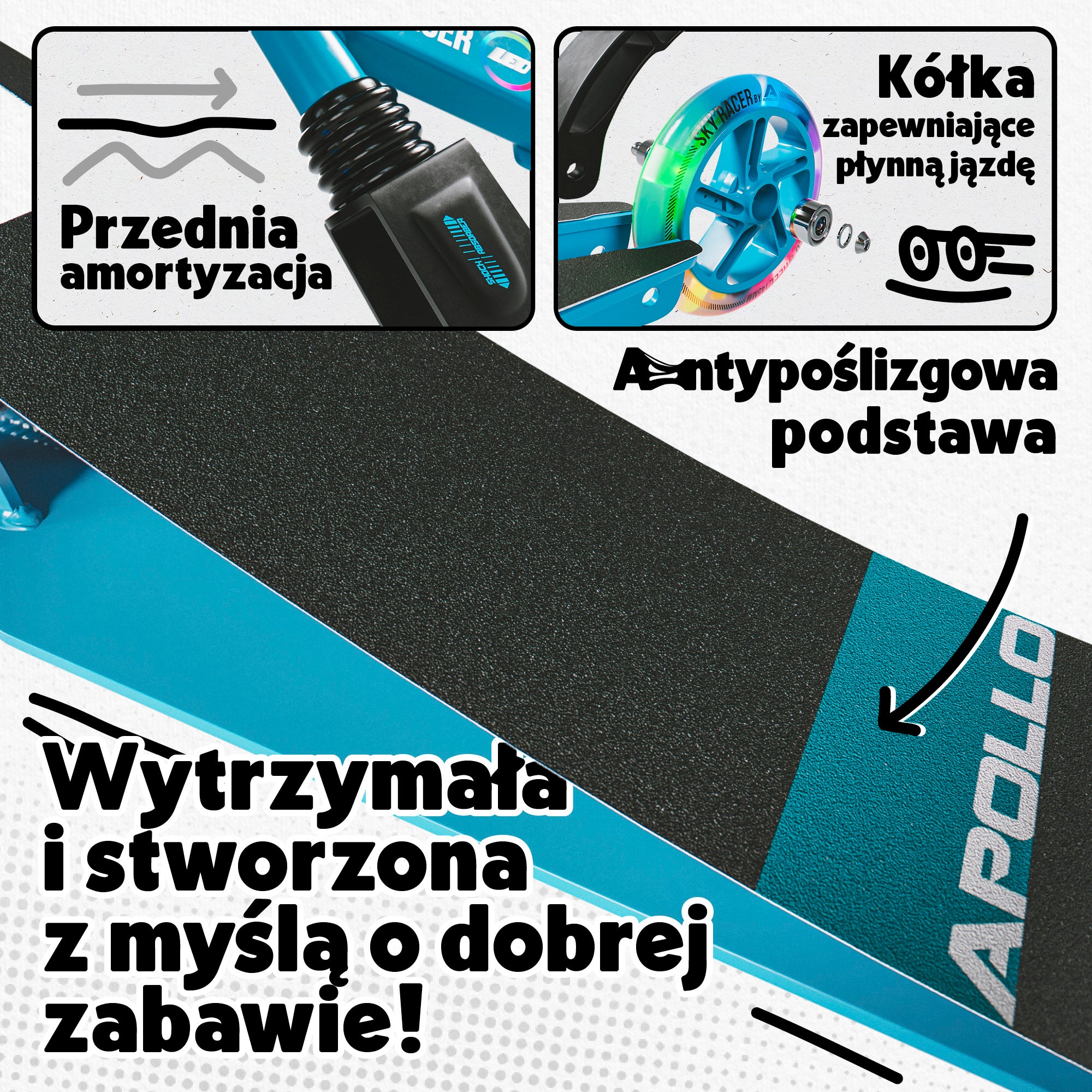 Apollo - Hulajnoga miejska z amortyzacją „Skyracer” składana, z regulowaną wysokością kierownicy koła 145mm - Niebieski