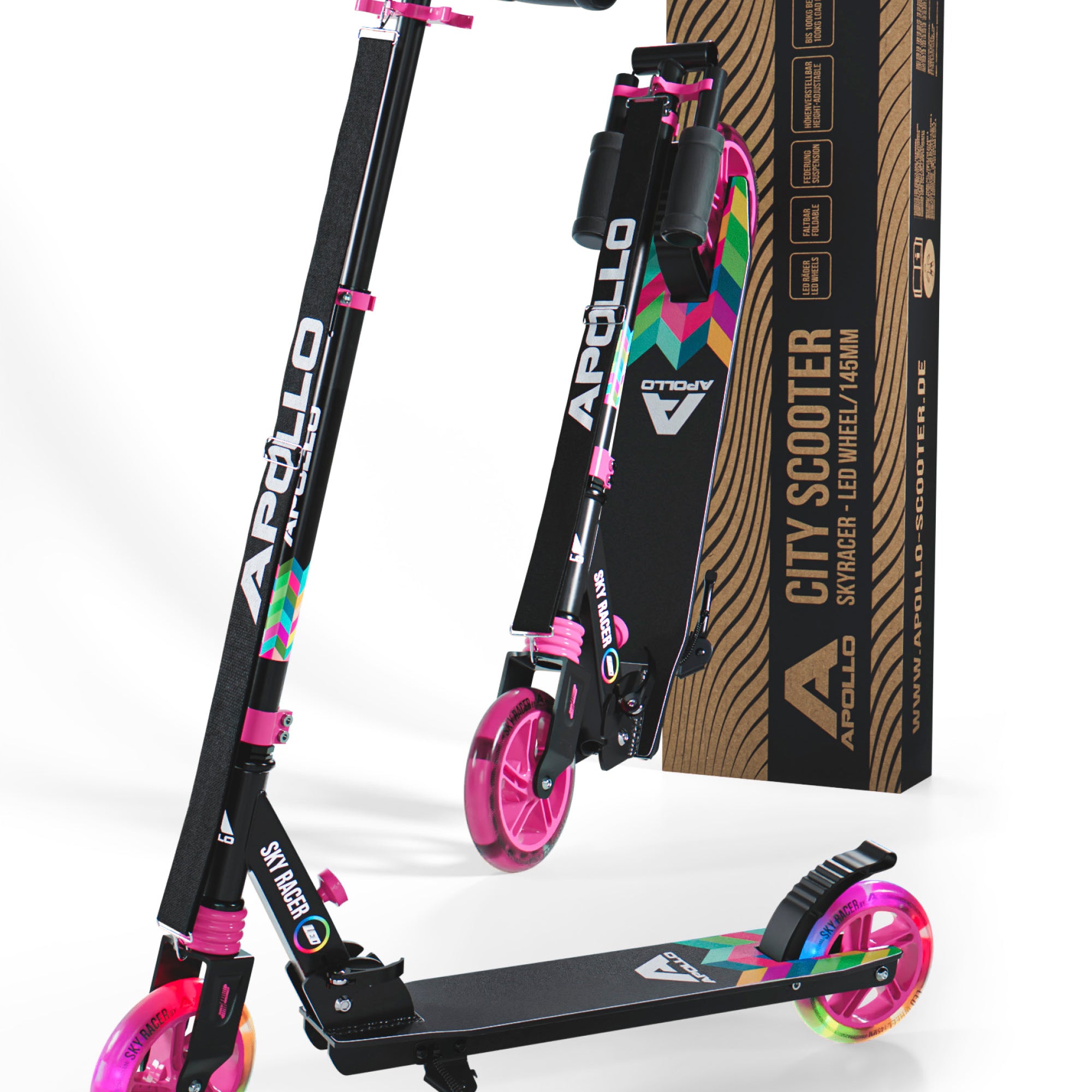 Apollo - Hulajnoga miejska z amortyzacją „Skyracer” składana, z regulowaną wysokością kierownicy koła 145mm - Wielokolorowy