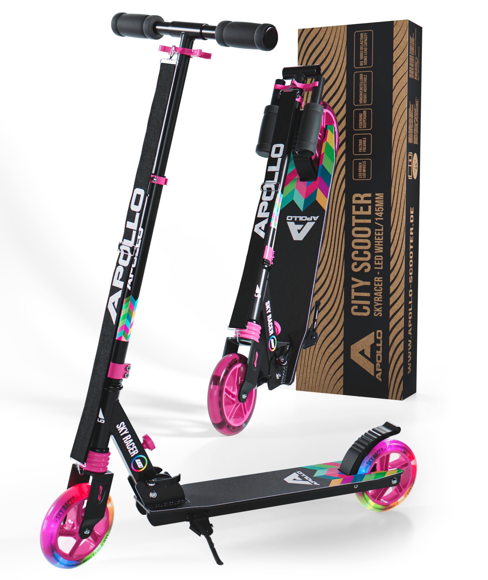 Apollo - Hulajnoga miejska z amortyzacją „Skyracer” składana, z regulowaną wysokością kierownicy koła 145mm - Wielokolorowy