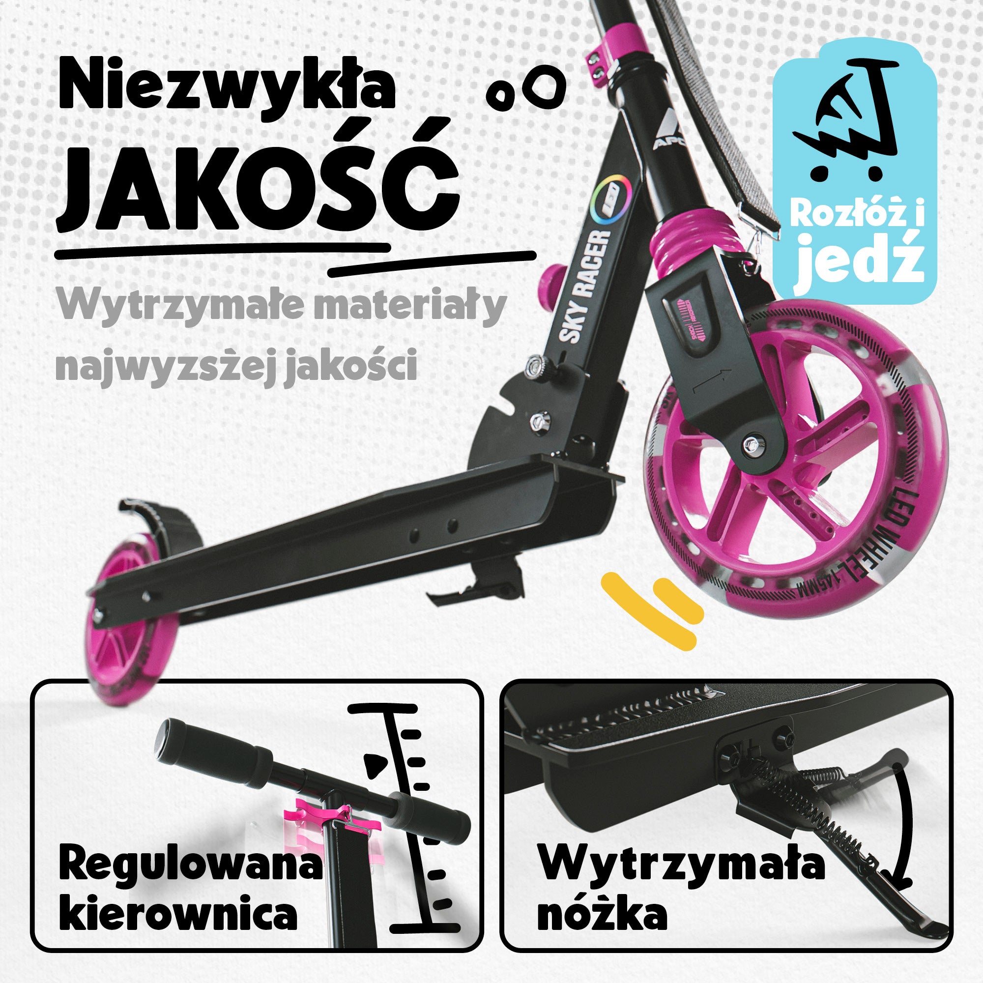 Apollo - Hulajnoga miejska z amortyzacją „Skyracer” składana, z regulowaną wysokością kierownicy koła 145mm - Wielokolorowy