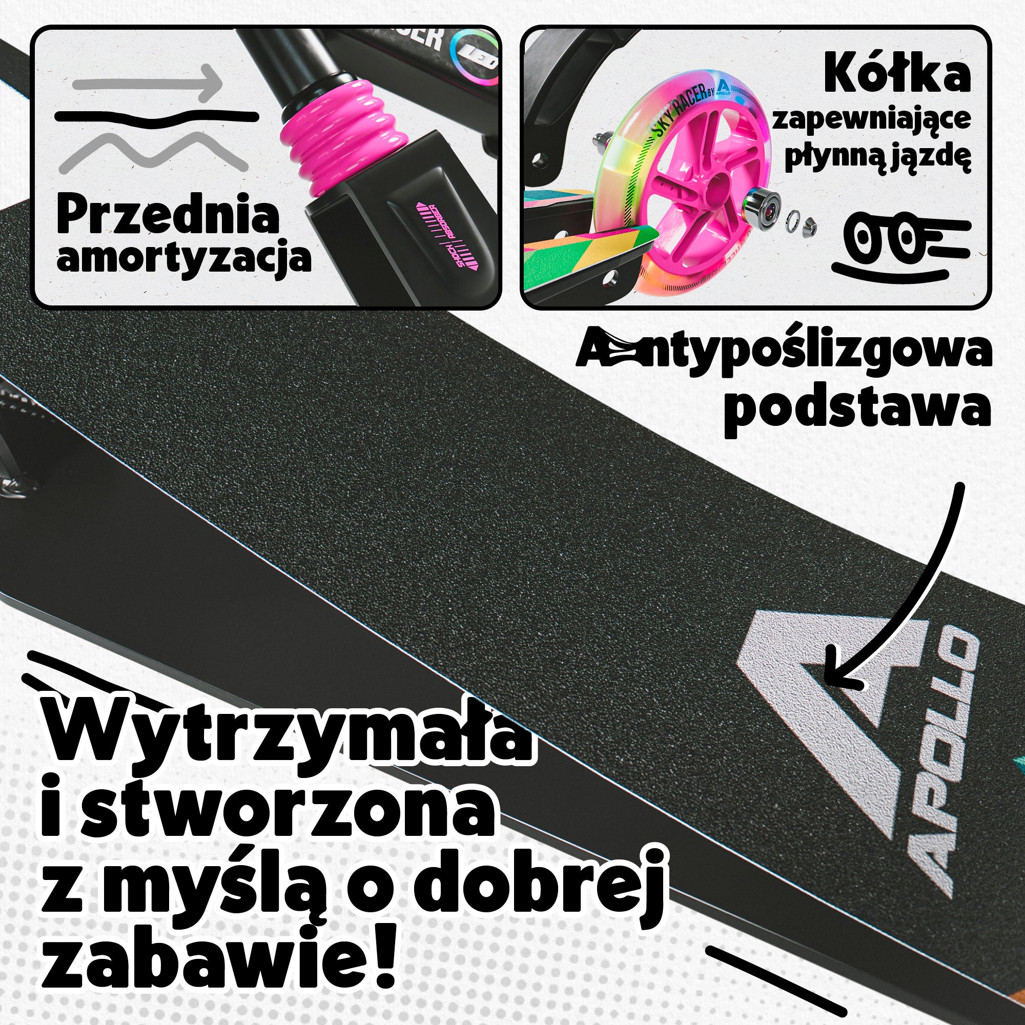 Apollo - Hulajnoga miejska z amortyzacją „Skyracer” składana, z regulowaną wysokością kierownicy koła 145mm - Wielokolorowy