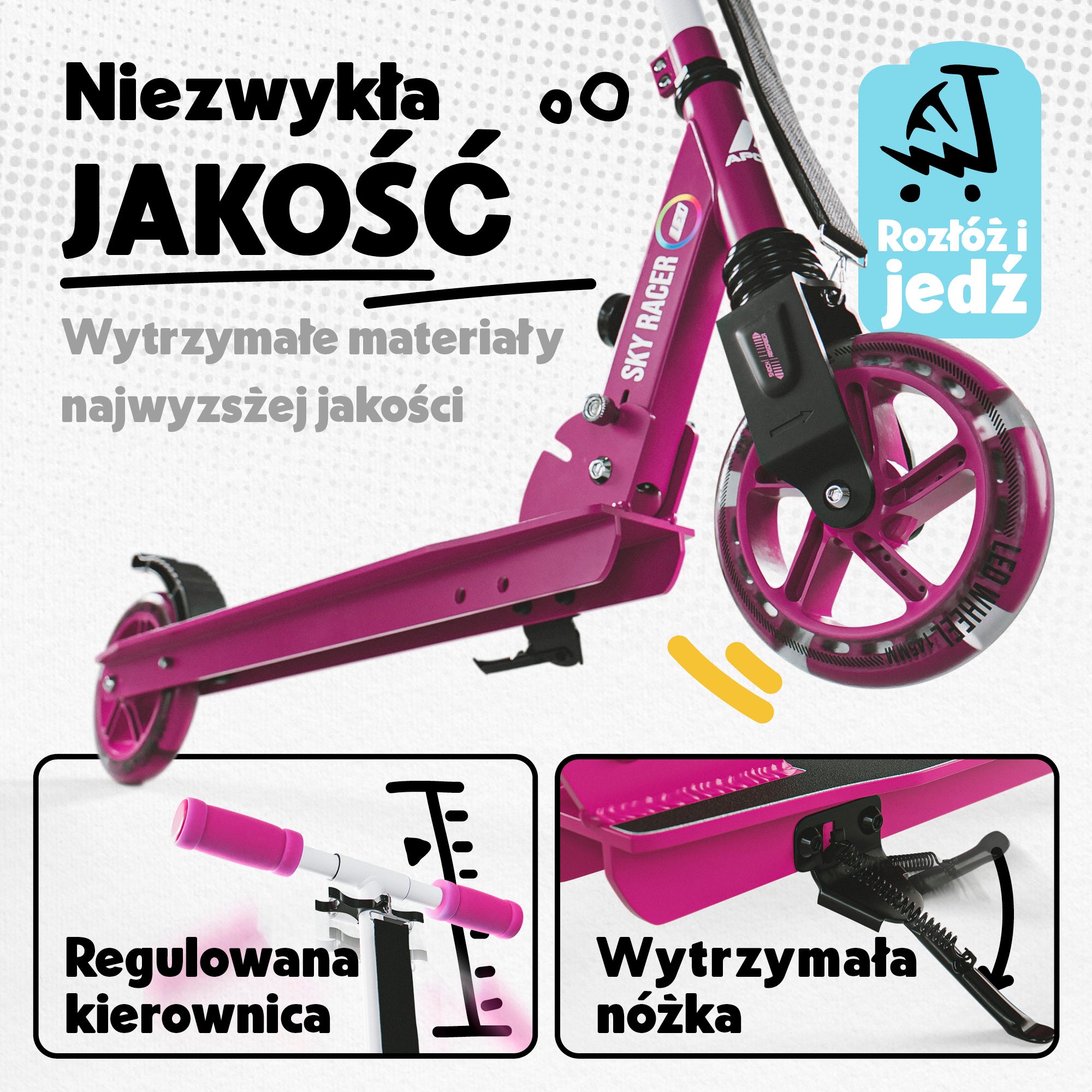Apollo - Hulajnoga miejska z amortyzacją „Skyracer” składana, z regulowaną wysokością kierownicy koła 145mm - Berry