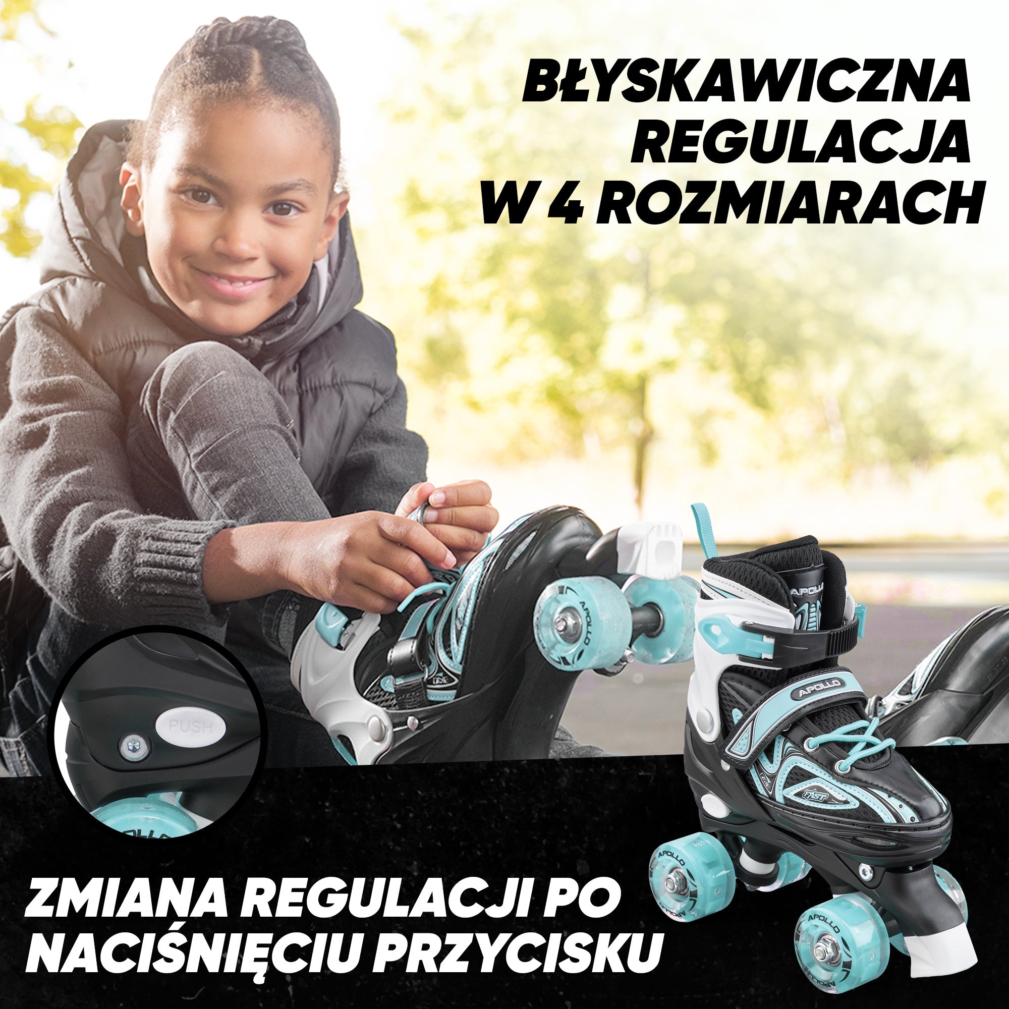 Apollo - Super Quad regulowane wrotki dla dzieci - turkus - L (39-42)