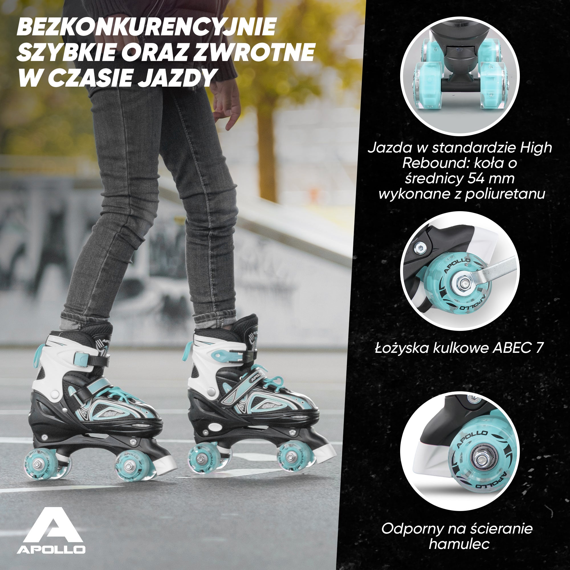 Apollo - Super Quad regulowane wrotki dla dzieci - turkus - L (39-42)