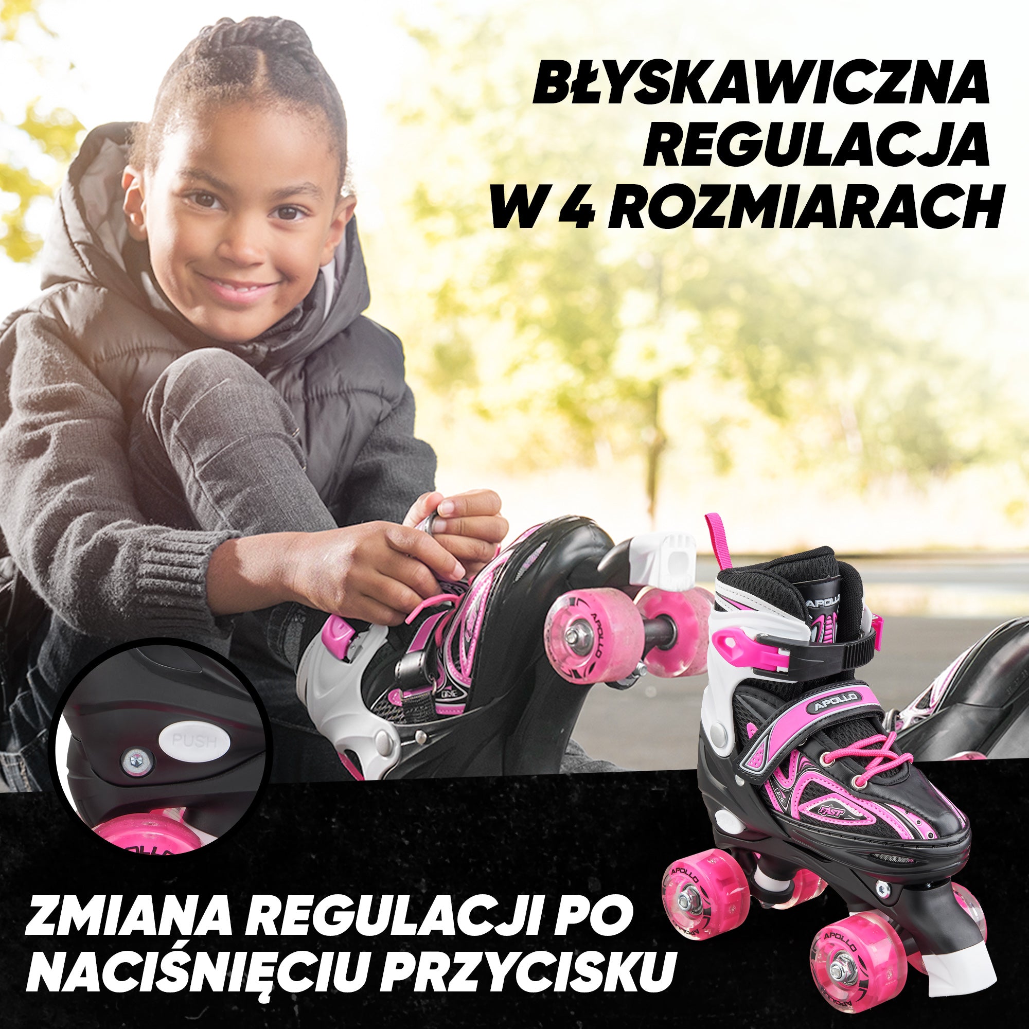 Apollo - Super Quad regulowane wrotki dla dzieci - różowy - L (39-42)