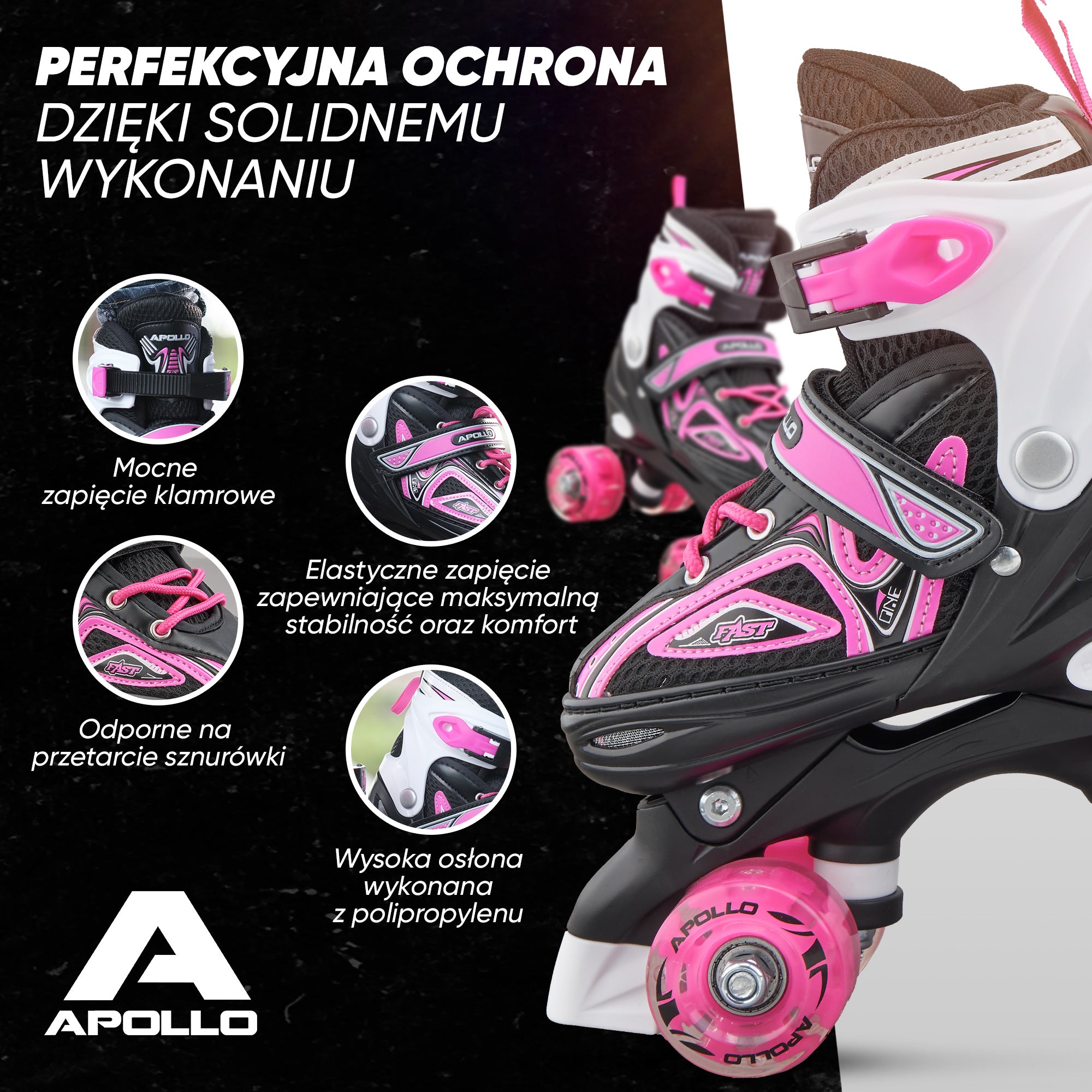 Apollo - Super Quad regulowane wrotki dla dzieci - różowy - L (39-42)