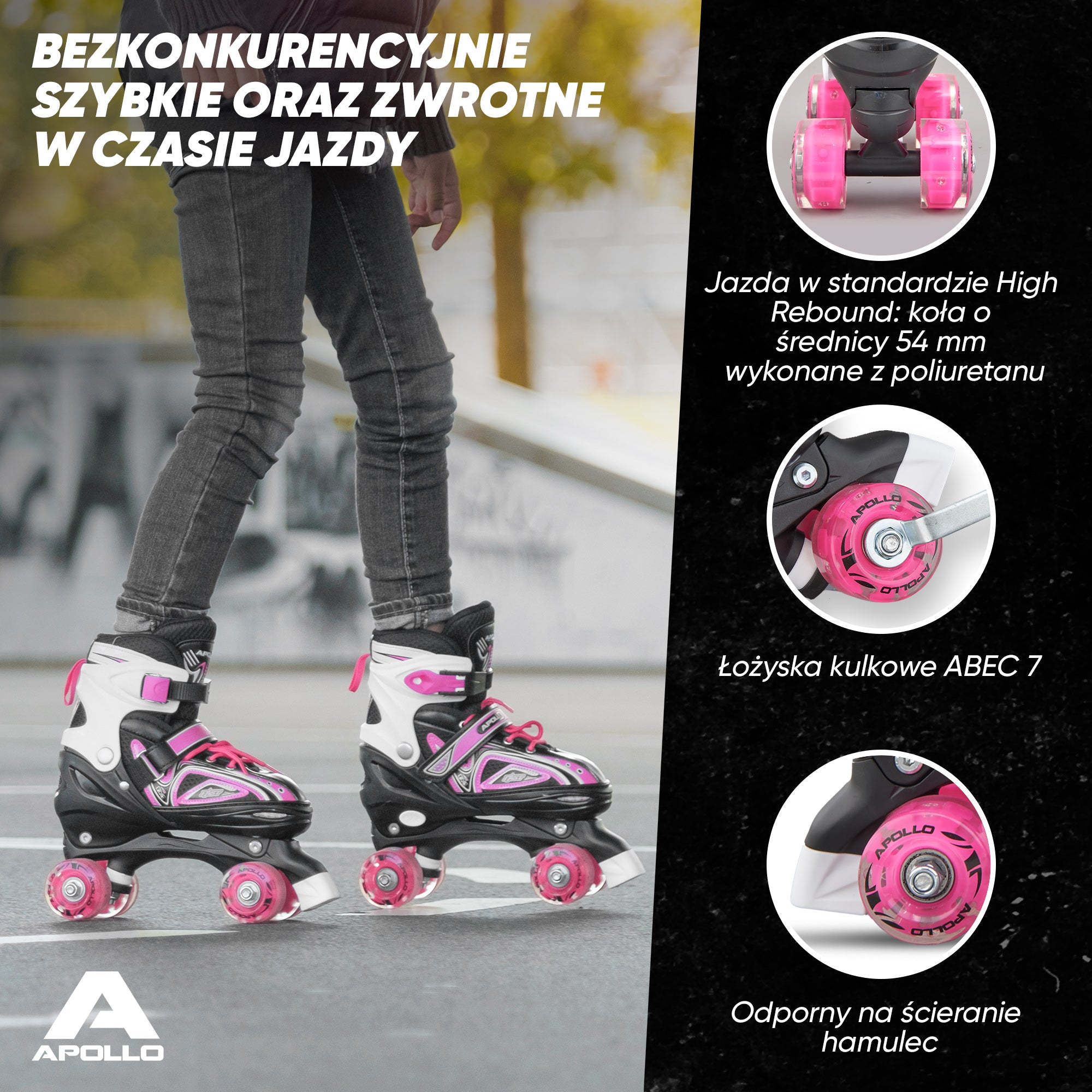 Apollo - Super Quad regulowane wrotki dla dzieci - różowy - L (39-42)