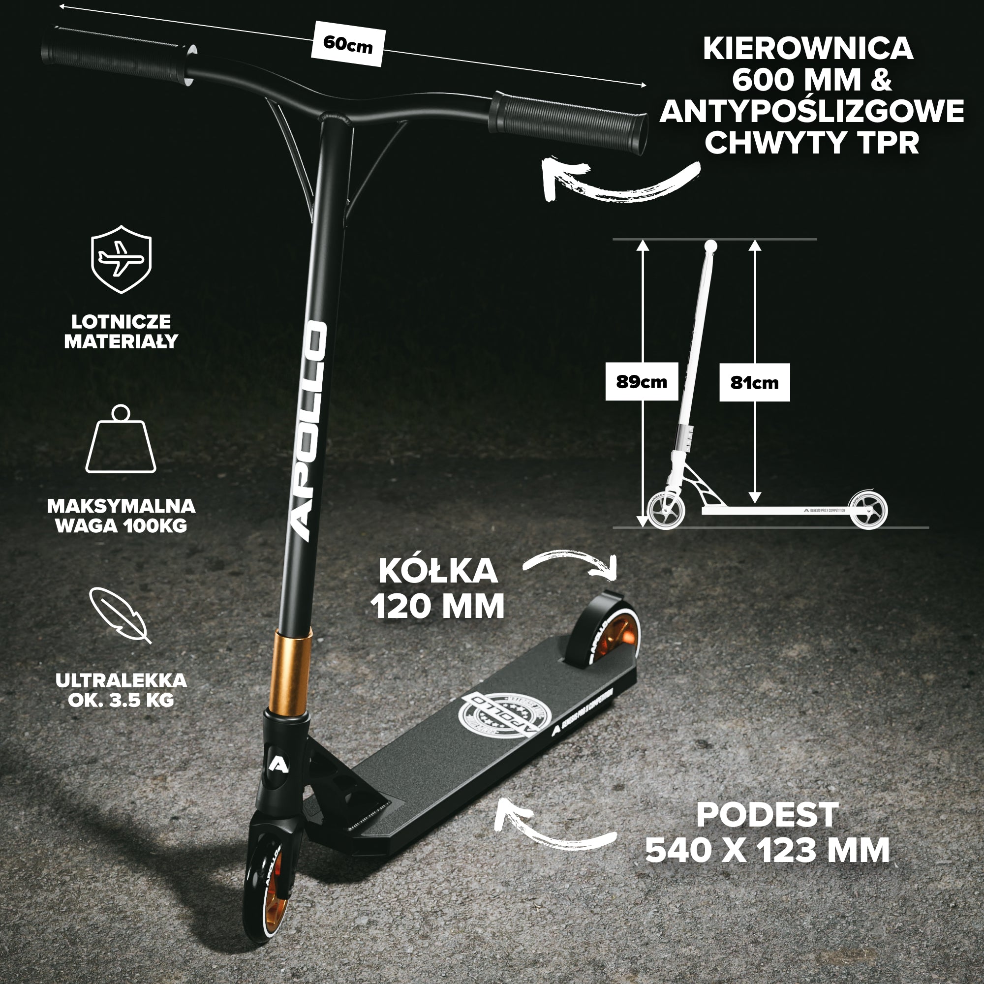 Apollo - Hulajnoga high-end stunt "Genesis Pro X Competition" z łożyskami ABEC 9 - Czarny Złoty