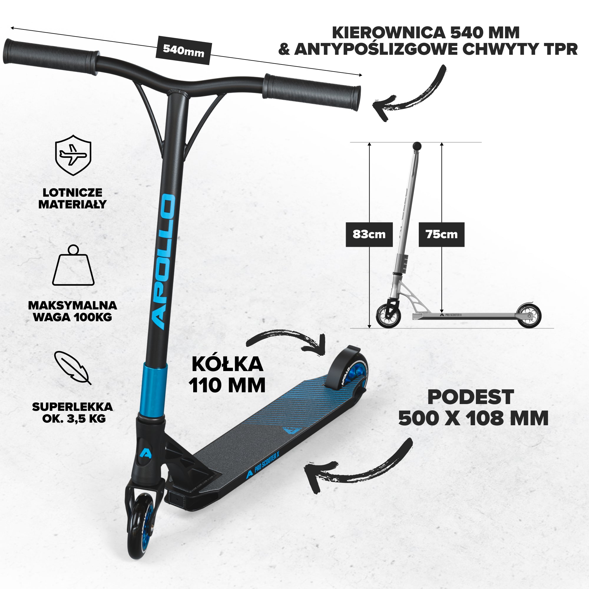 Apollo - High-end hulajnoga stunt "Genesis Pro X" z łożyskami ABEC 9 - Czarny Niebieski