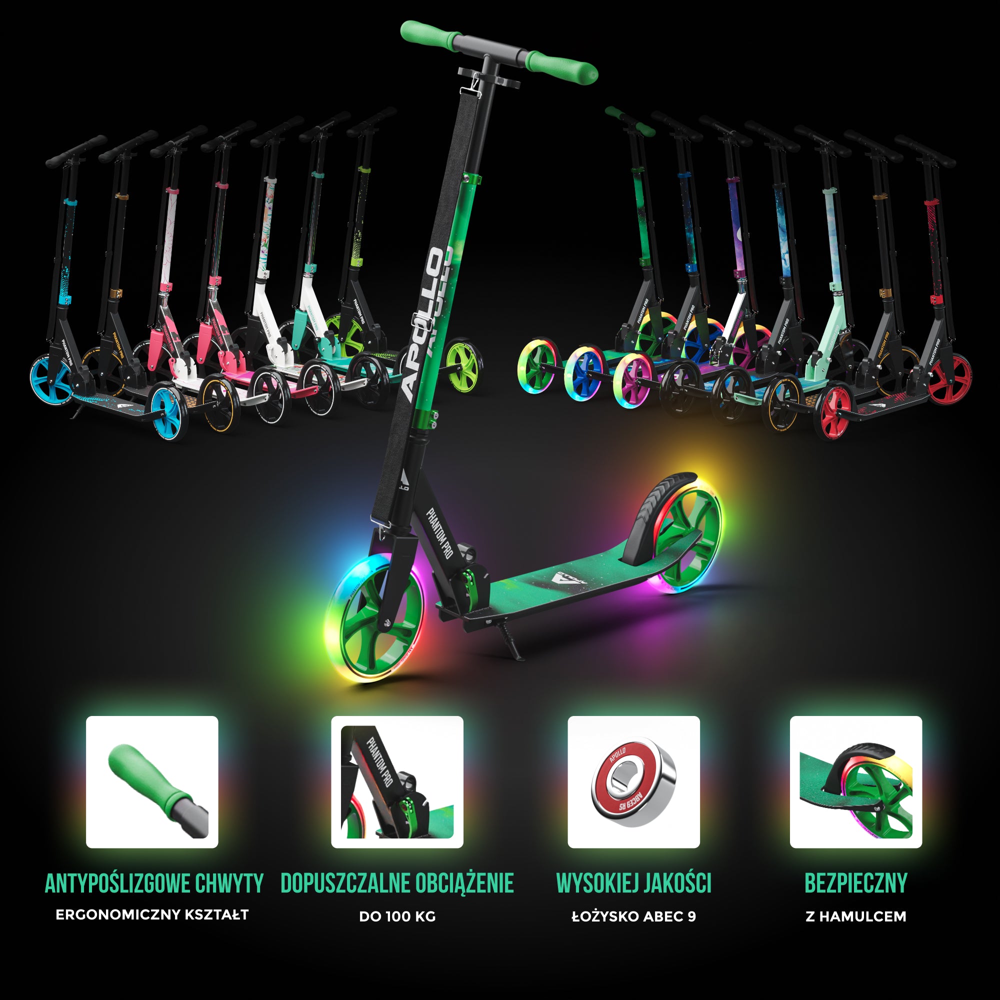 Apollo - Składana hulajnoga miejska dla dzieci „Phantom” z regulowaną wysokością kierownicy - Meteor