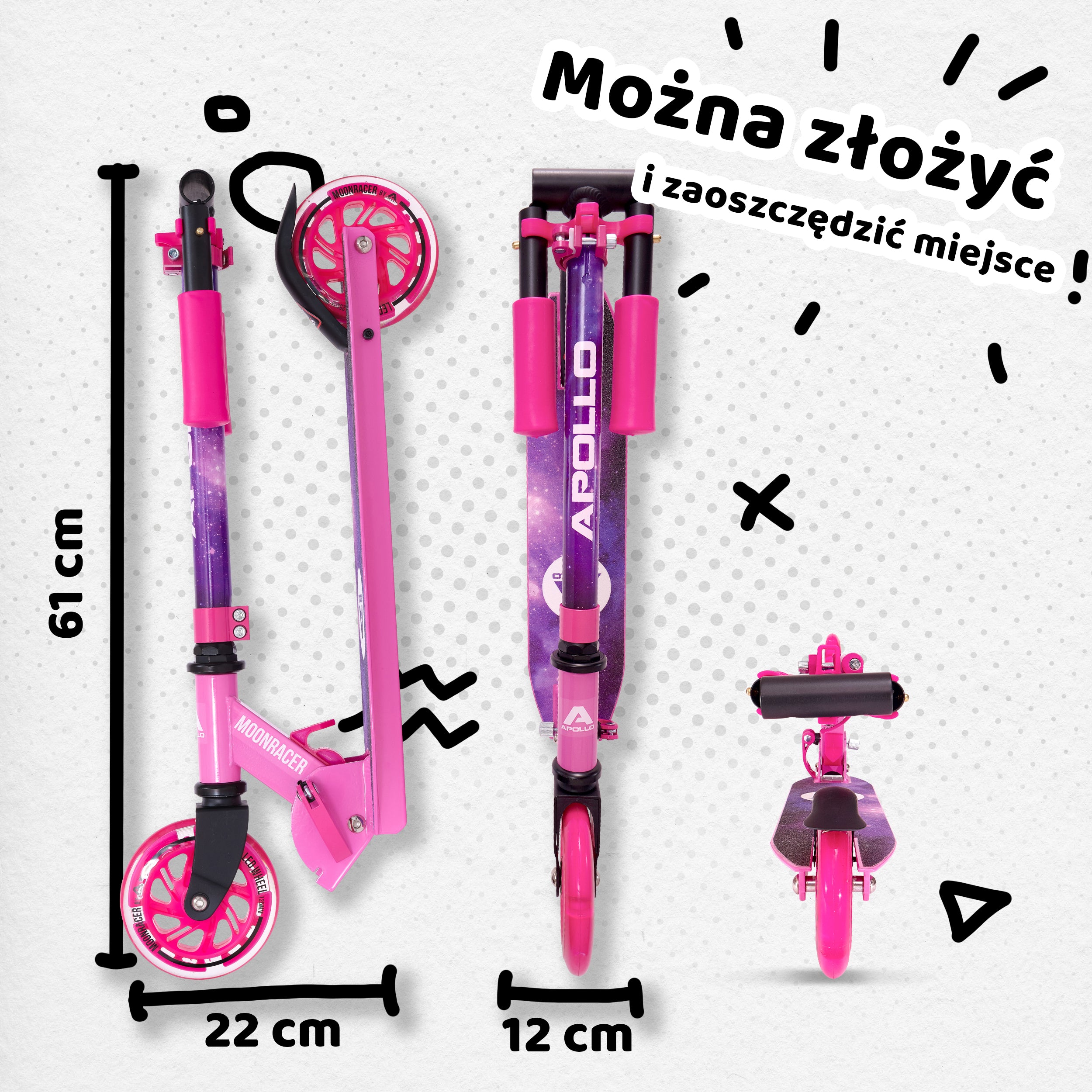 Apollo - Hulajnoga miejska„Moonracer” LED dla dzieci z amortyzacją - Stars