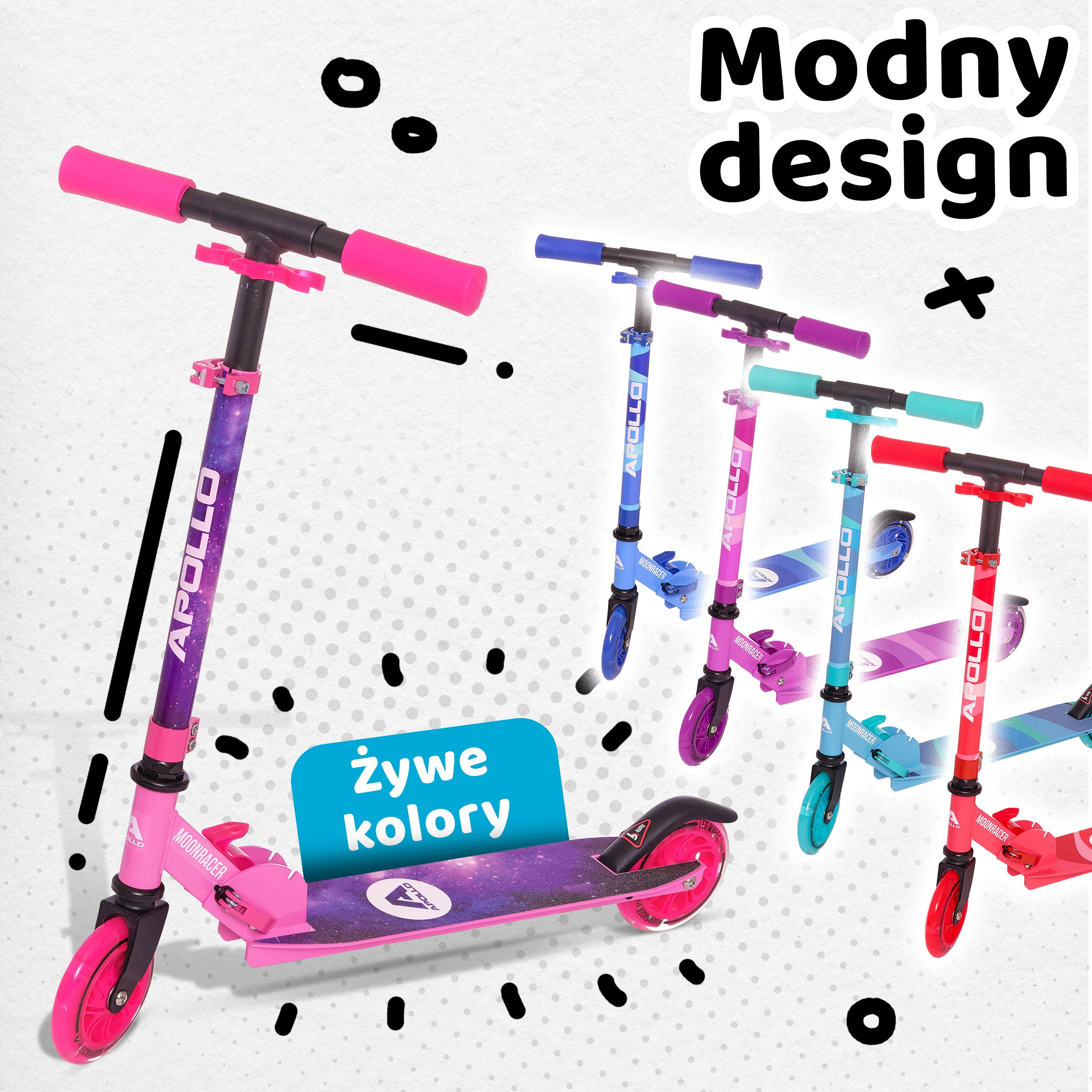 Apollo - Hulajnoga miejska„Moonracer” LED dla dzieci z amortyzacją - Stars