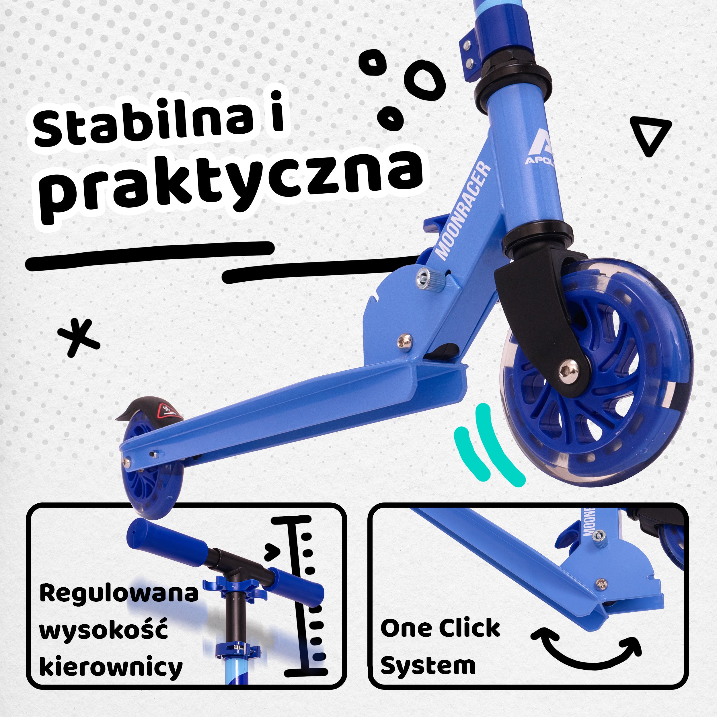 Apollo - Hulajnoga miejska„Moonracer” LED dla dzieci z amortyzacją - Niebieski